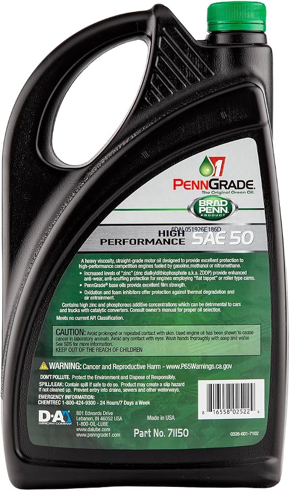 PENN GRADE 1, 71150, Monograde High Performance Oil SAE 50, 5 Quart (2 Pack)