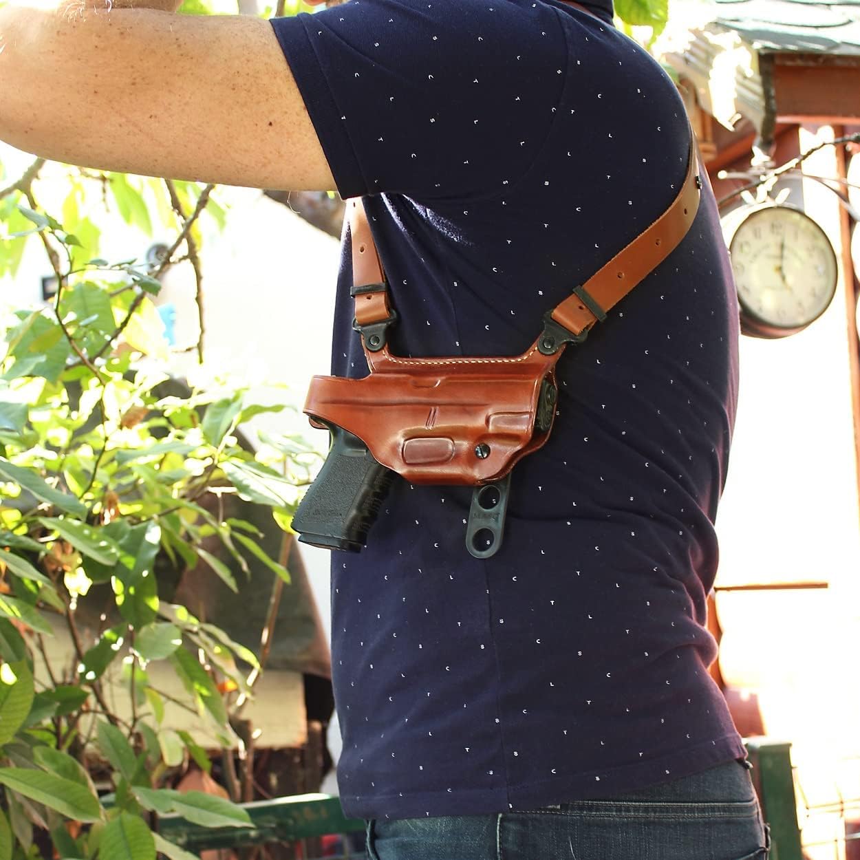 Masc Premium Leather Horizontal Shoulder Holster System with Double Magazine Carrier for G3 9mm 4-inch, RH Draw, Brown Color #1560#