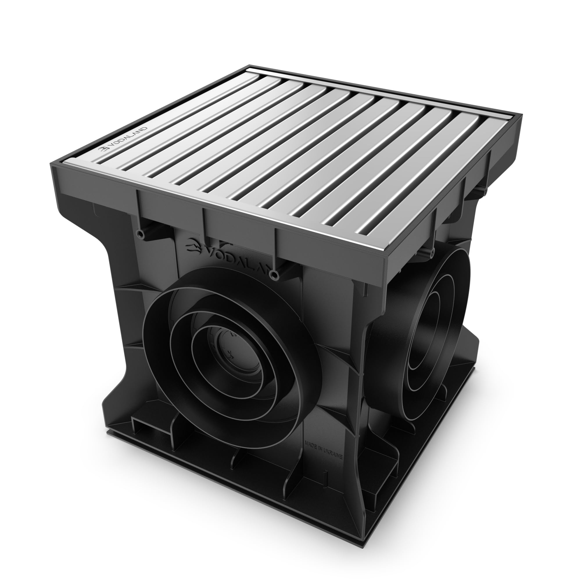 Vodaland 300x300 Yard drain - Load Class A15 - Plastic catch basin with silt basket (Stainless HeelSafe grate)