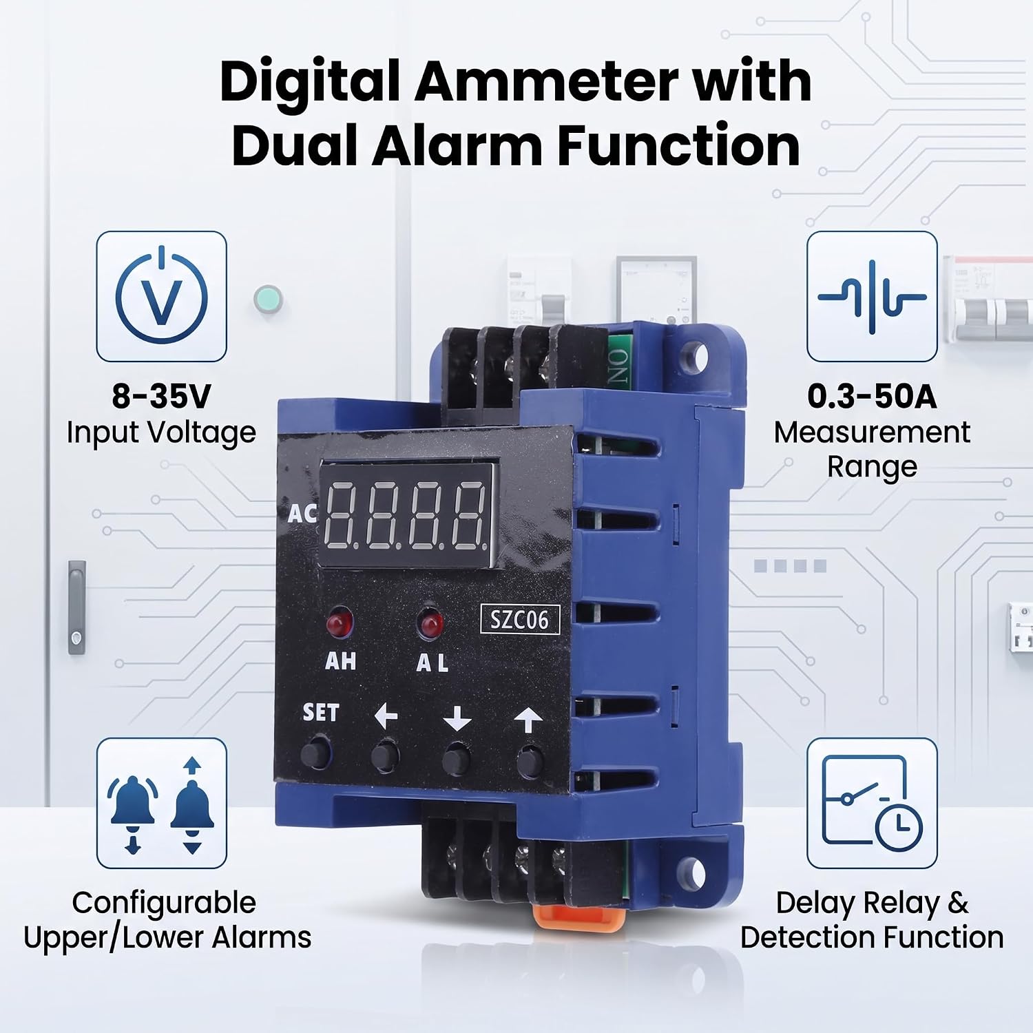 Digital AC Ammeter, Professional 0.3‑50A Range with Relay Alarm Output Real Time Current Monitoring for Electrical Circuit Measurement DC8‑35V Power Supply