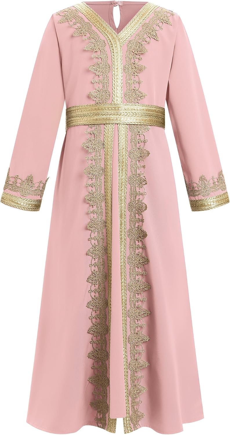 Muslim Dress for Kids Girls Abaya Middle East Ramadan Long Sleeve Lace Prayer Dress Arabic Kaftan with Belt