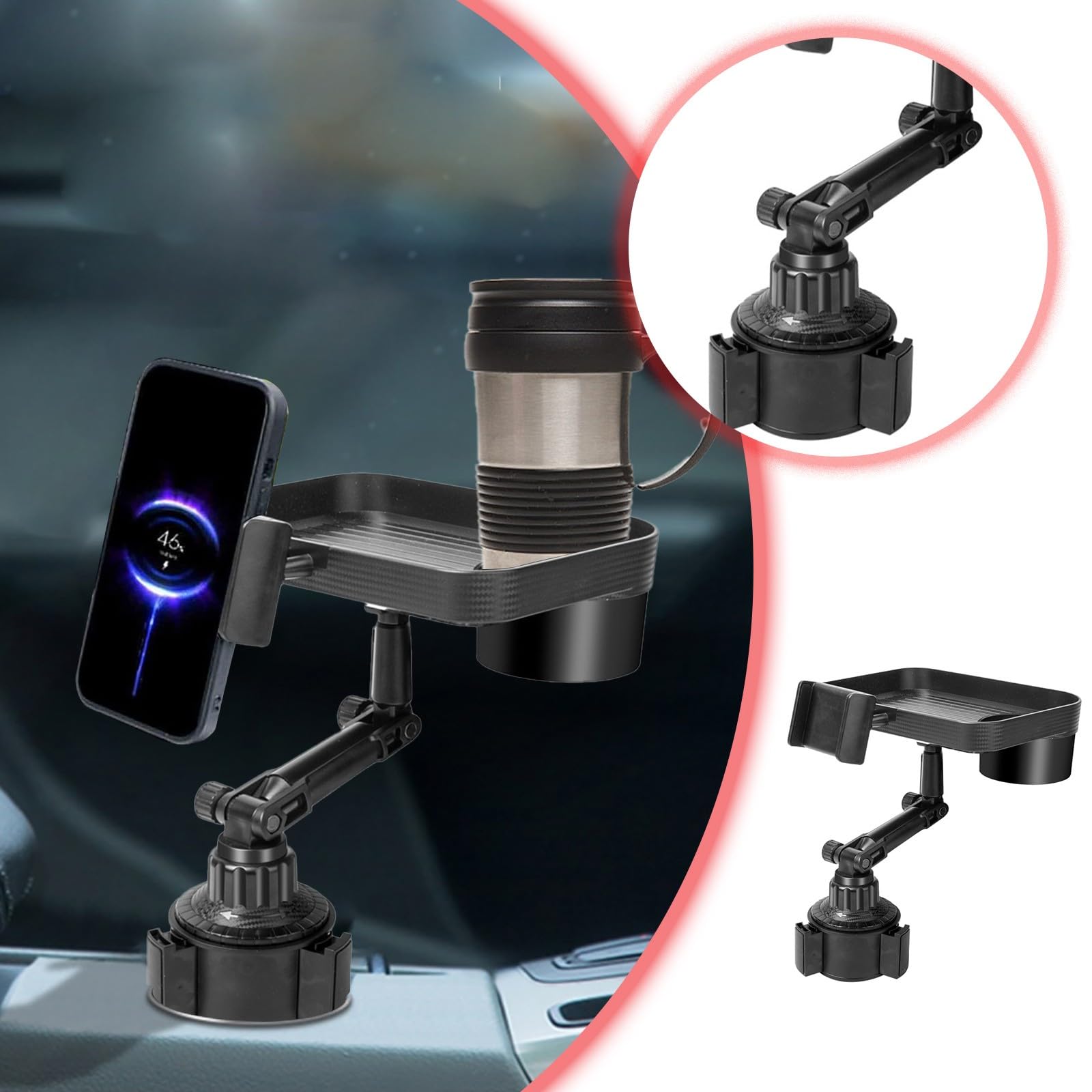 Support Téléphone Voiture Pour Porte-gobelet – Rotatif 360°, Compatible 4-13 Pouces – Installation Facile, ABS Noir - 8