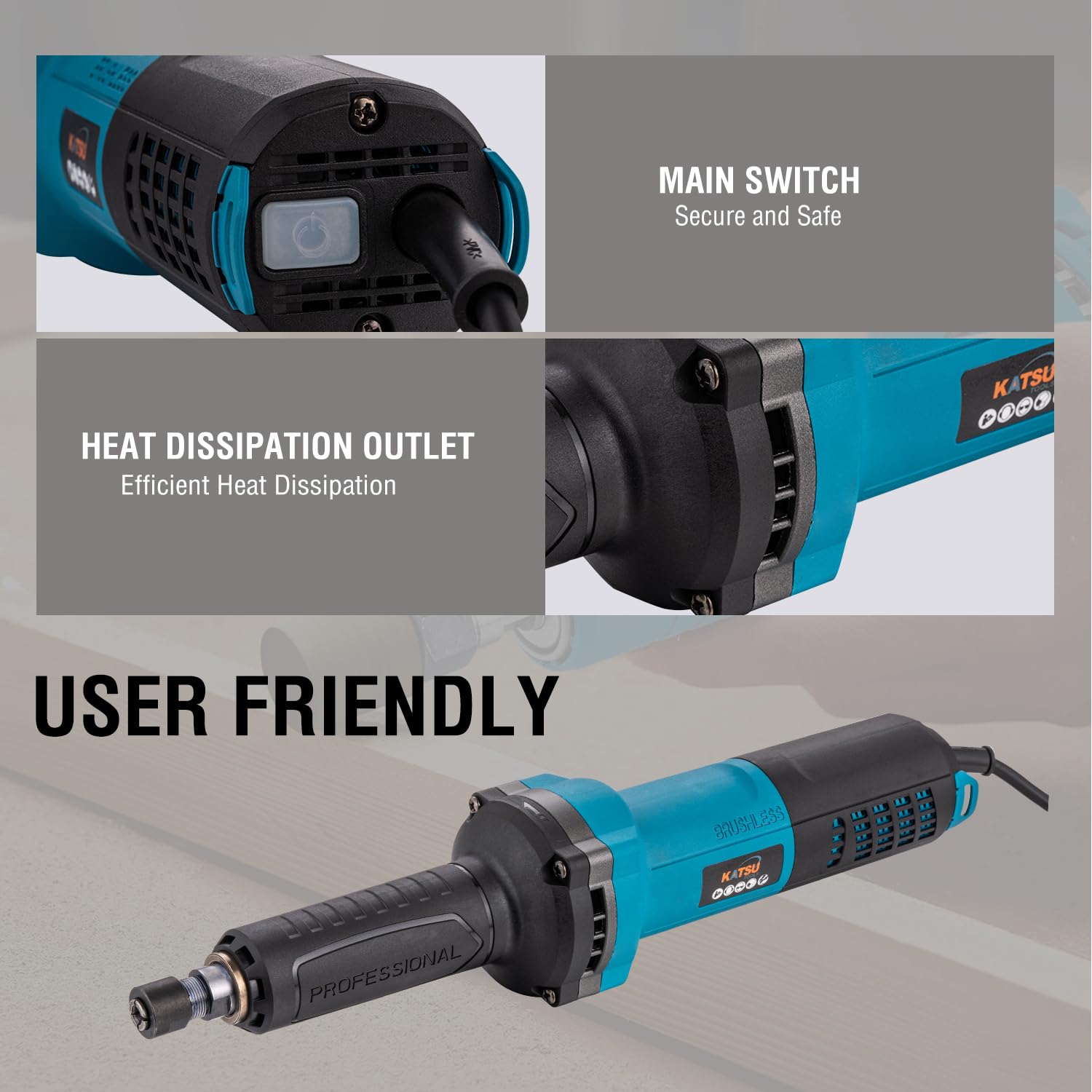 KATSU Tools Brushless Smerigliatrice Elettrica Dritta 1300W (MAX), Corpo Sottile, Motore senza Spazzole, 6mm e 6.5mm Mandrino, per Prestazioni e Durata Superiori 101740