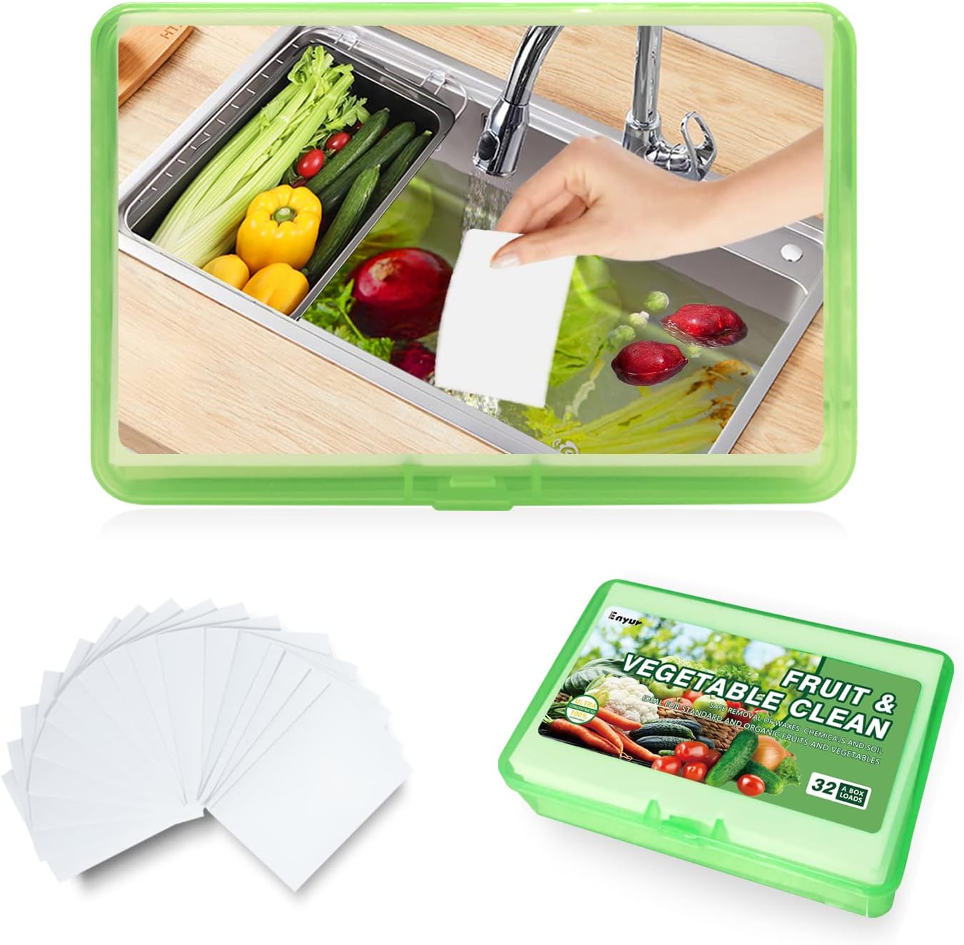 Enyur Fruit & Vegetable Wash, Food Grade Produce Wash and Cleaner, Water-Soluble Fruit and Vegetable Cleaning Sheets Wax Remover - 32 Sheets