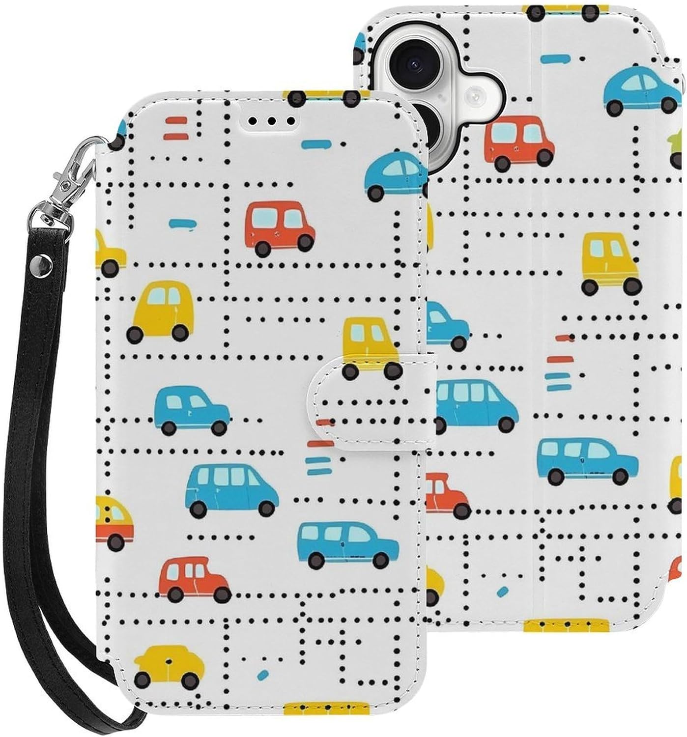 Colorful Vehicle Bus Vehicle Compatible with iPhone 16/16 Plus/16 Pro/16 Pro Max/16 E Case Phone Wallet Card Holder Flip Cover with Wrist Strap
