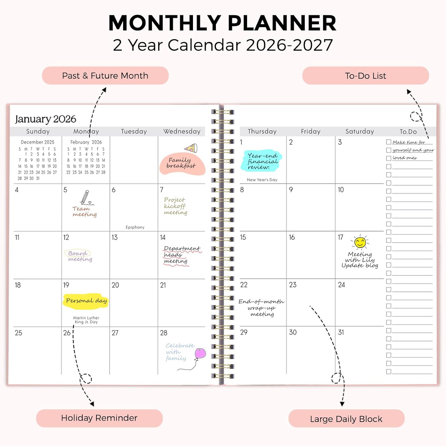  Monthly Planner 2026-2027, 24 Months Calendar Planner 2026-2027, 7.5" x 10" B5 Planner, Twin-wire Spiral Bound, Durable Waterproof Cover, Thick No-Bleed Paper, Pink thumbnail