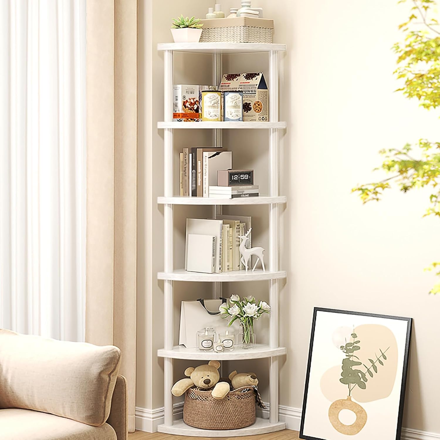 Wood and Metal Storage Cabinet with Open Display Shelves, Corner Stand, 5/6 Tier Storage Rack, Waterproof Organizer, Bookshelf, for Living Room, Office (White, 122 * 30 * 30cm/48 * 11.8 * 11.8in)
