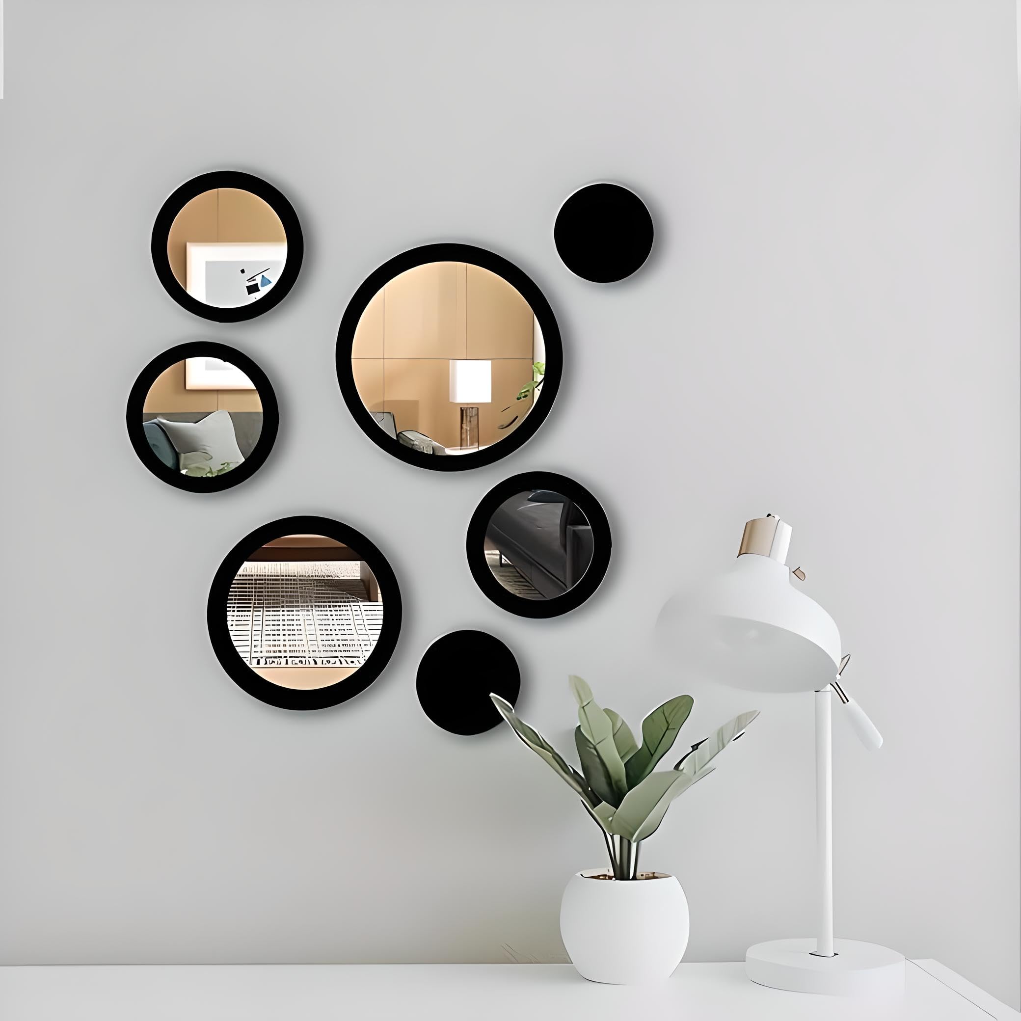 VAH- Kya Bat Hai !! Wall Art Round Black Frame Wall Mirror Sticker for Home, Styles Design Gift for Best Friend, Her, Him, for, Cafe, Restaurants (5 Mirror Stickers & 2 MDF Sticker, Framed)