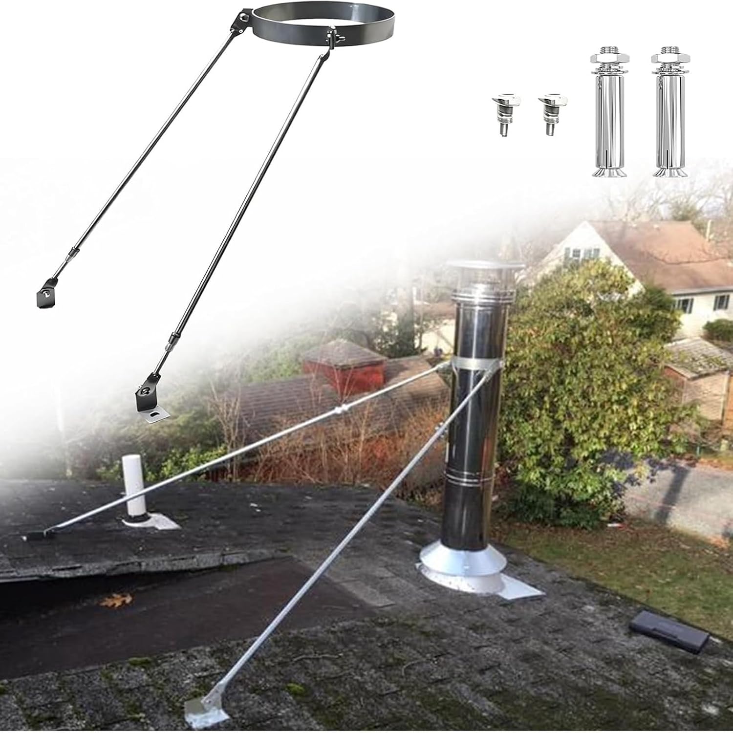 Roof Chimney Stainless Steel Extended Support Adjustable Brace Suitable Silver Stove Pipe Bracket Stabilizing Bracket Stove Protection Holder,Chimney Flue Support Bracket, Wood Stove Pipe Ro