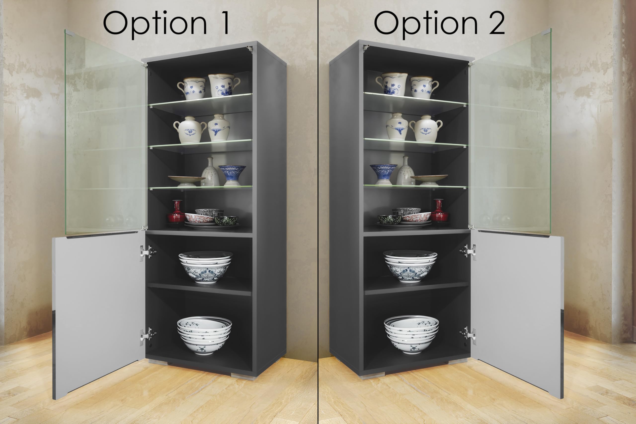 Vitrine Granada, Made in Germany, Vitrinenschrank mit Glastür und Glaseinsatz inkl. LED, Anthrazit matt/Beton Dunkel Optik (50 x 122,5 x 34,5 cm)