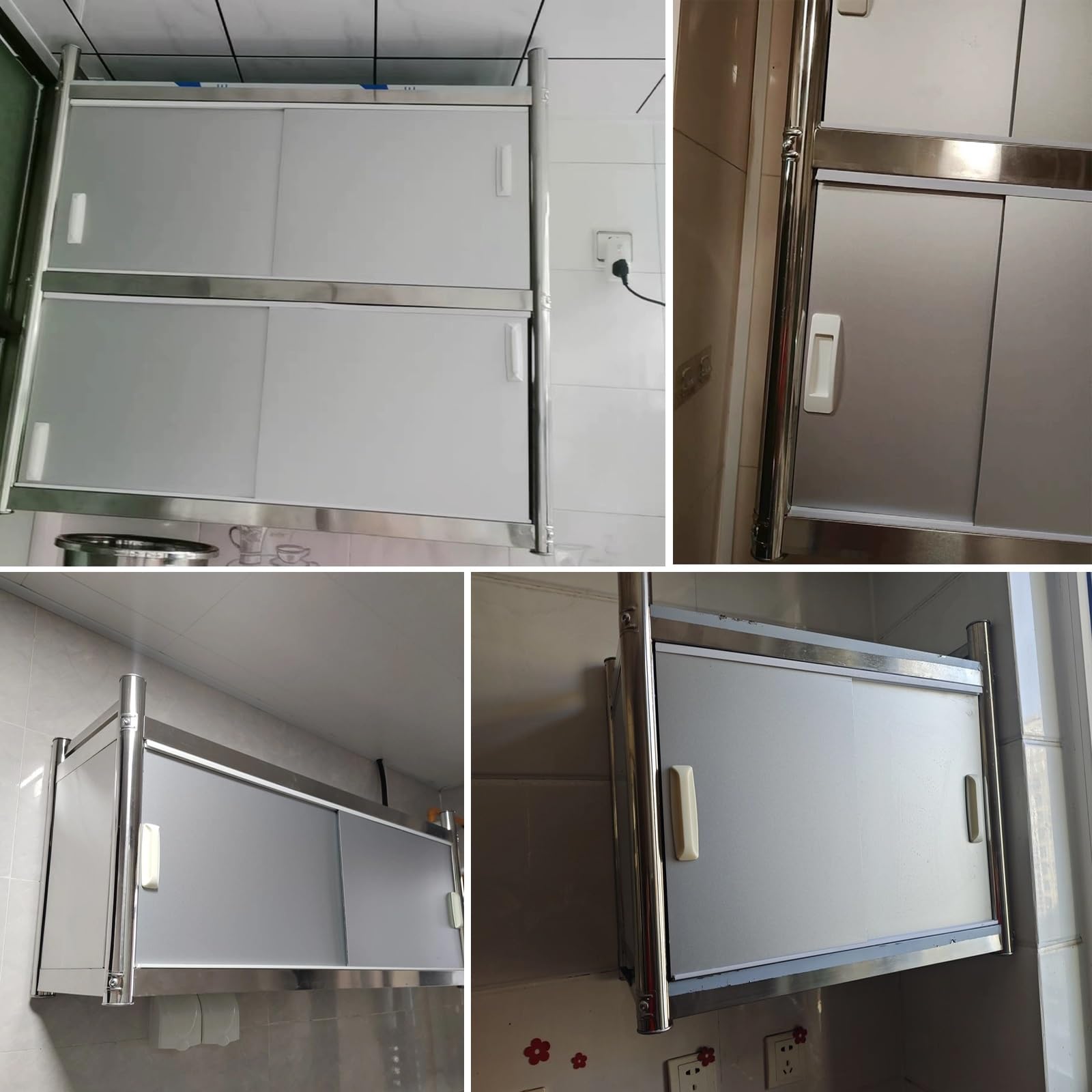 Armario de almacenamiento montado en la pared, armario de cocina de acero inoxidable con puerta corredera, diseño que ahorra espacio, instalación de perforación para baño, balcón, lavadero