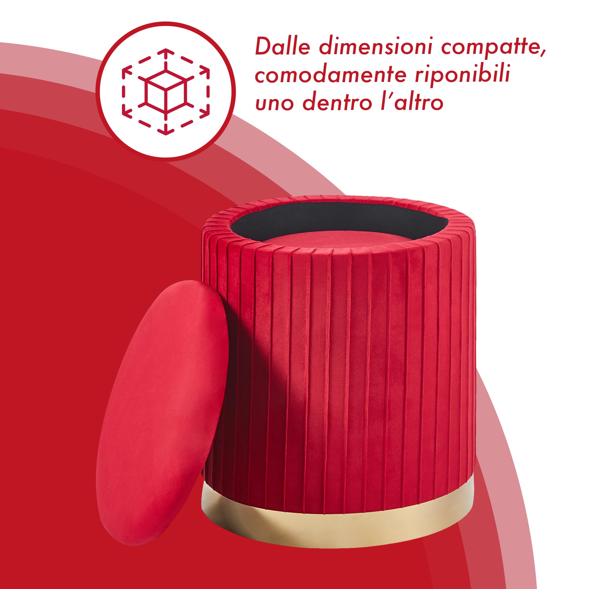 Set 2 Pouf Contenitore In Velluto Beige - Sgabello Tondo Con Coperchio, Base Metallo Dorato | Poggiapiedi E Storage Box
