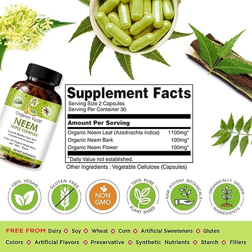 Miniatura 2 de Organic Veda Cápsulas de Neem con extracto de hoja de neem complejo triple, corteza y flor – Suplemento de hierbas aumenta la inmunidad, mejora la