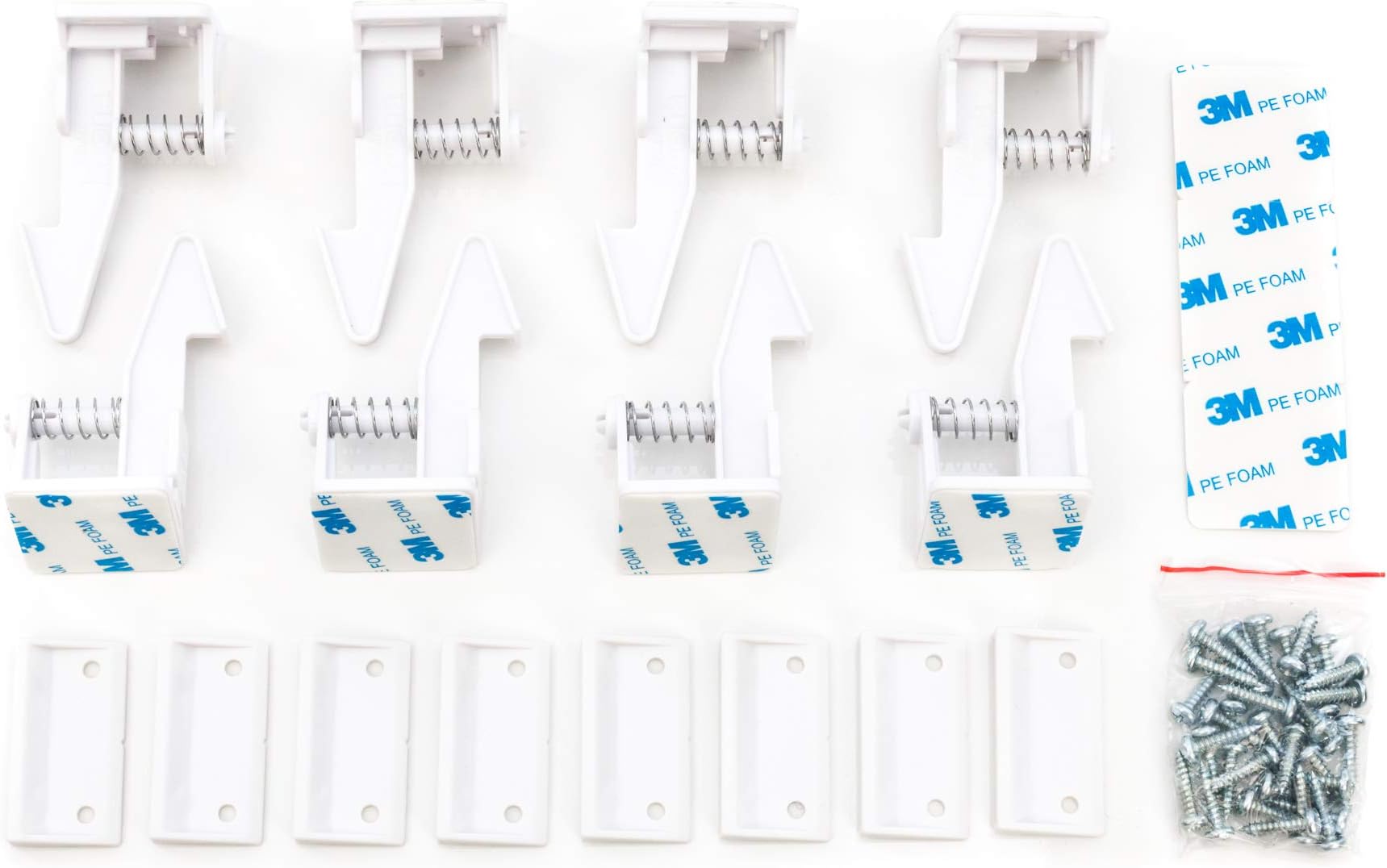 Spring Action Baby Proofing Cabinet Locks (8-Pack) - Easy to Install Child Proof Cabinet Locks, Tool-Free Installation - Optional Mounting Hardware and Extra Adhesive Included (White, 8)