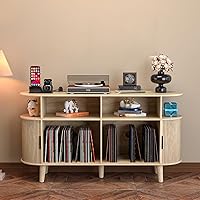 LUVIOHOME Large Round Record Player Stand with Charging Station USB Ports, 300 Vinyl Storage, Mid-Century Modern Oak Turntable Cabinet