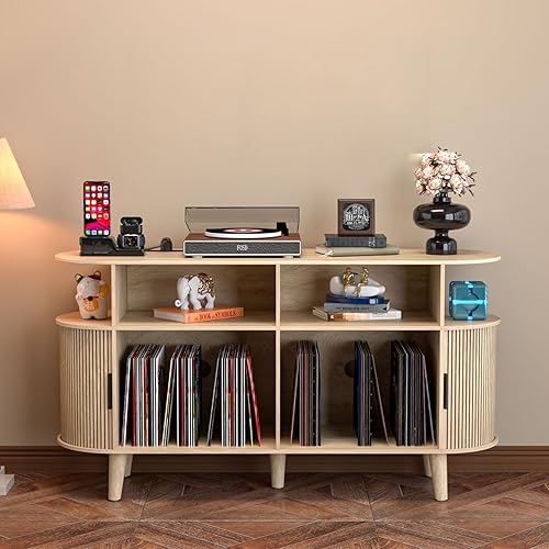 Soporte redondo grande para tocadiscos con estación de carga y puertos USB, gabinete de almacenamiento de discos, soporte moderno de mediados de