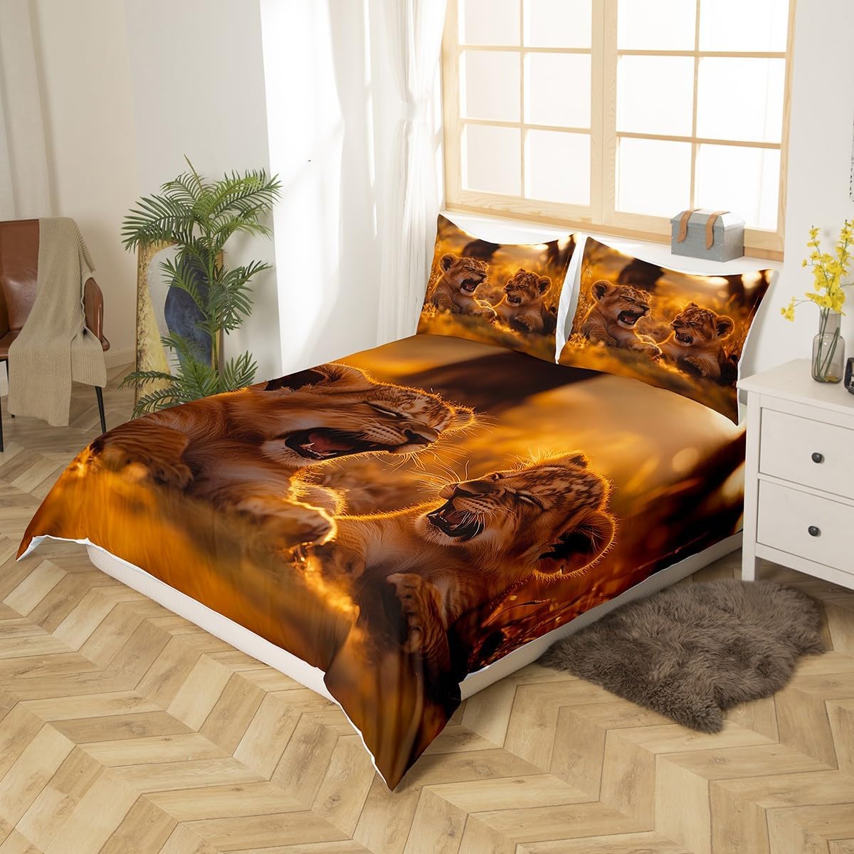 Cute Lions Duvet Cover Set Toddler Size,Tropical African Animal Comforter Cover 2Pcs,Wildlife Sunshine Outdoor Bedding Set Kids Boys Girls Room Decor,Soft Bedspreads Cover,1 Pillowcase(NO Comforter)