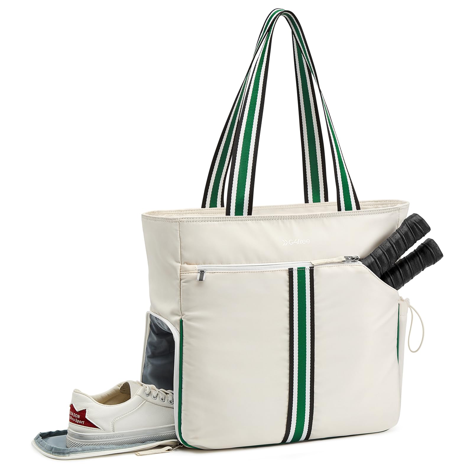 G4Free Pickleball Tote Bag for Women Men, Tennis Bag with Shoe Compartment & Paddle Cover Pocket - Off-White (Green Webbing)