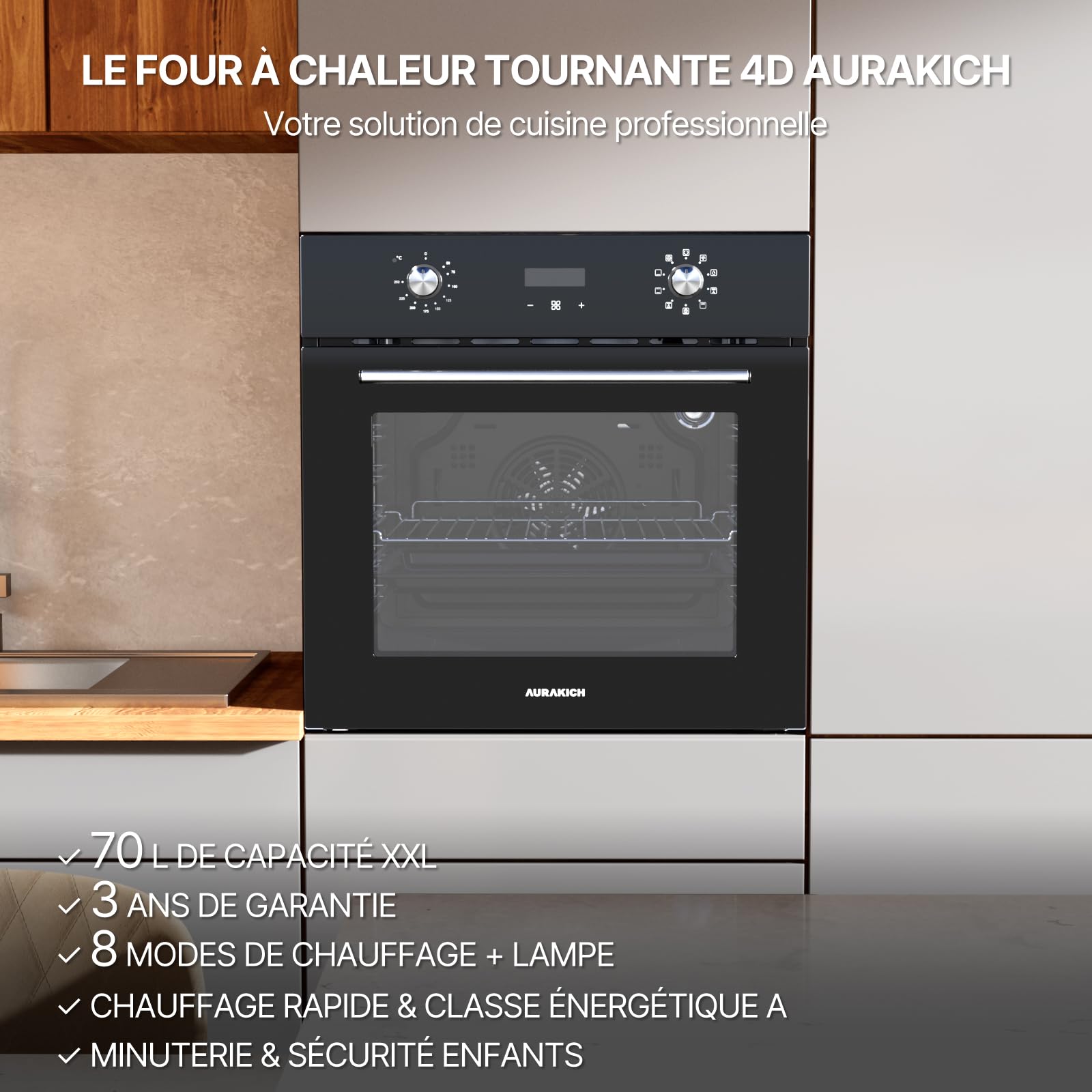 Four encastrable 60 cm, capacité 70 L, noir | chaleur tournante 4D, 8 modes de cuisson, chauffe rapide, minuterie et sécurité enfant, classe énergétique A, garantie 3 ans