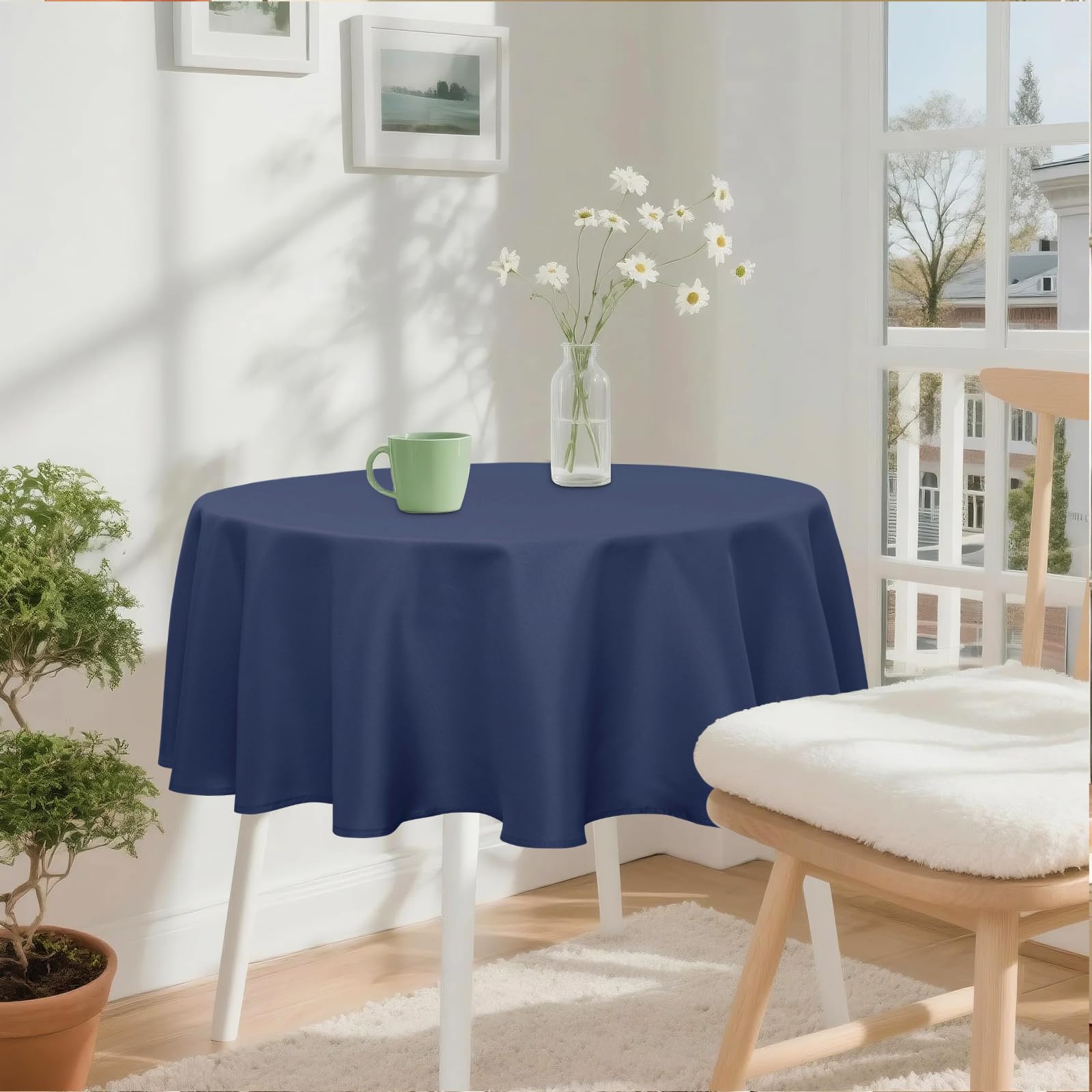 XWZO Round Tablecloth 48 Inch Polyester Folding Table Cloth, Small Round Table Cover Waterproof Wipe Clean Spillproof for Kitchen Dining Wedding Outdoor Picnic Buffet Party, Navy Blue