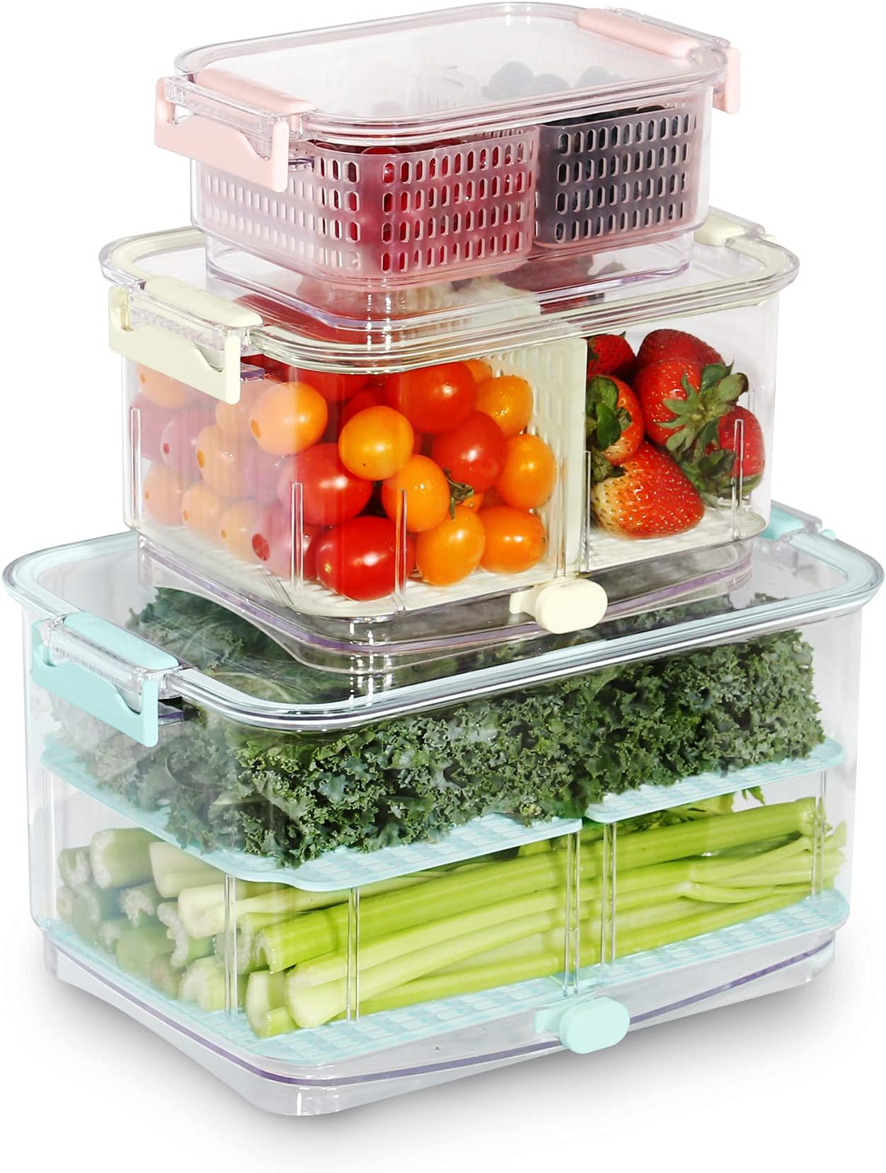Felli Duo Fresh Produce Keeper 3-IN-1 Colander Container Set with Vent Lid + Divider, Fruit Vegetable Berry Veggie Food Storage Saver Acrylic Bin for Refrigerator Fridge Organizer, Christmas Gift
