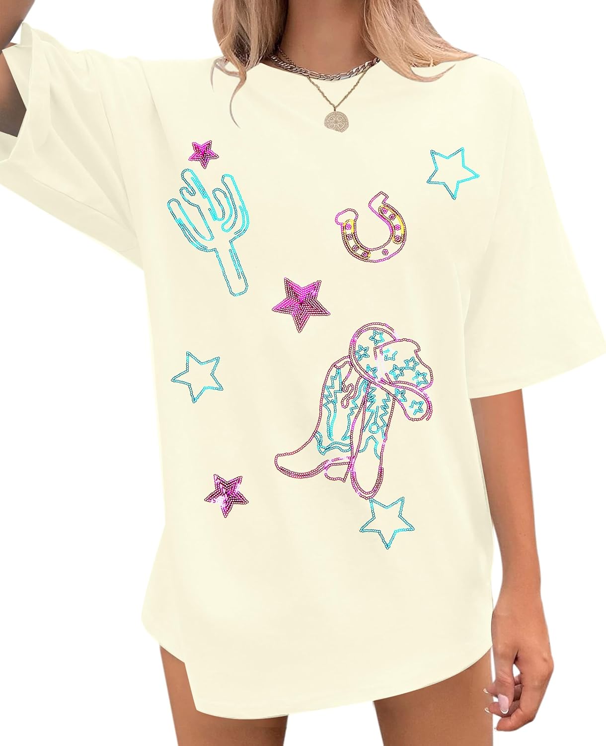 Boho Western Cowgirl Shirts for Women: Sequin Western Rodeo Graphic Tee Oversized Country Music Short Sleeve Top