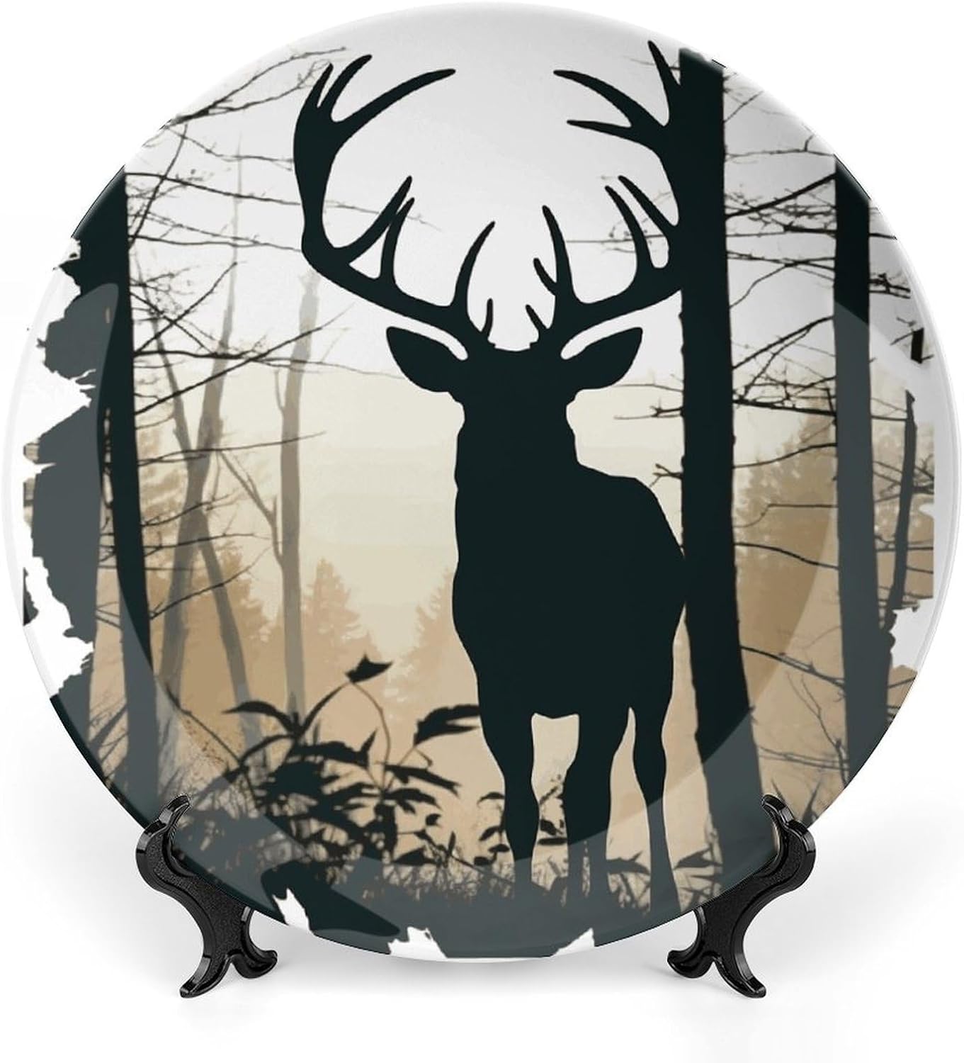 Deer Silhouette Bone China Decorative Plate with Display Stand, Ceramic Ornaments Plate for Wall Hanging, Personalized Porcelain Plates for Office, Living Room 8inch