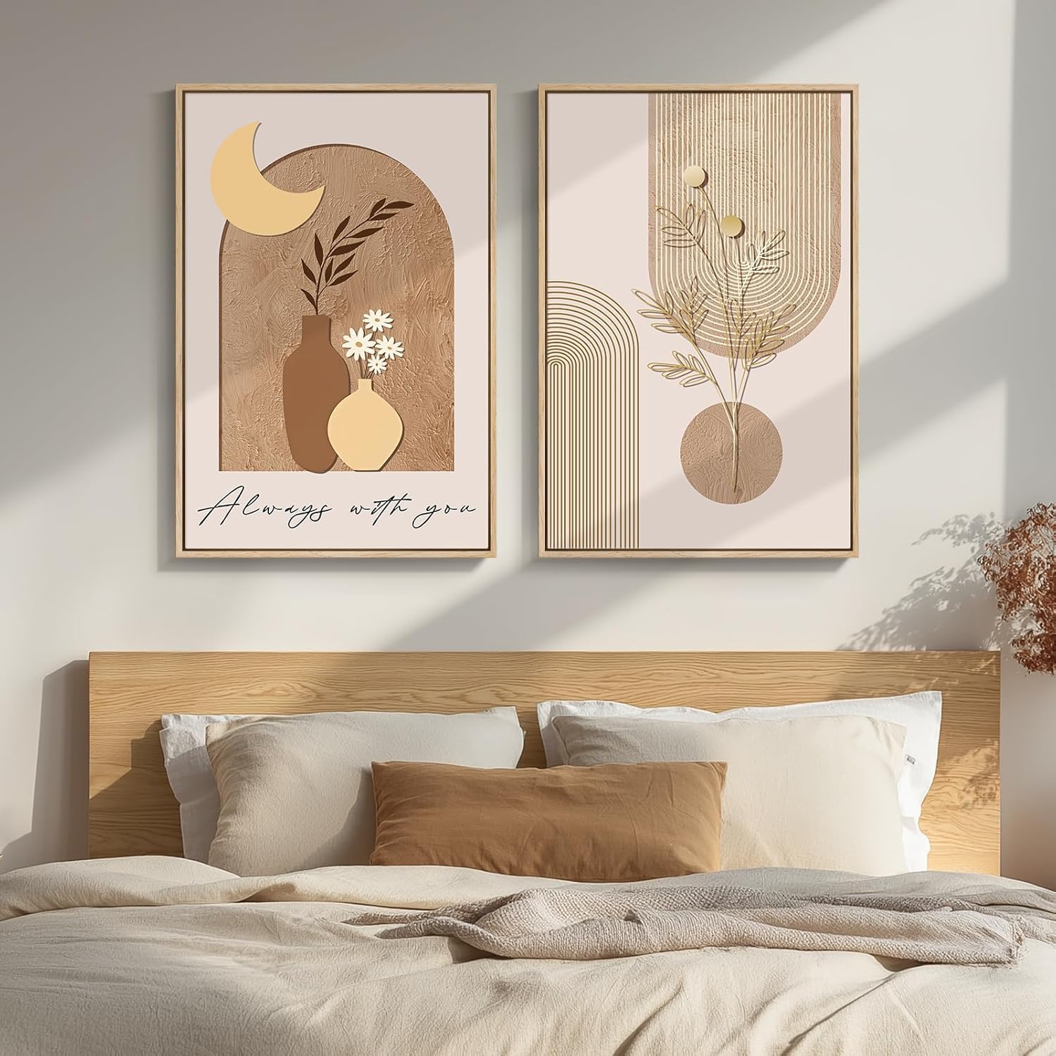 lianyibo 2 szt. Arkusze ścienne Neutralne Boho Style Botanic Vase Canvas Beż Księżyc Nowoczesny Minimalistyczny Wystrój Domu (60 x 90 cm x 2 / Wewnętrzna rama)