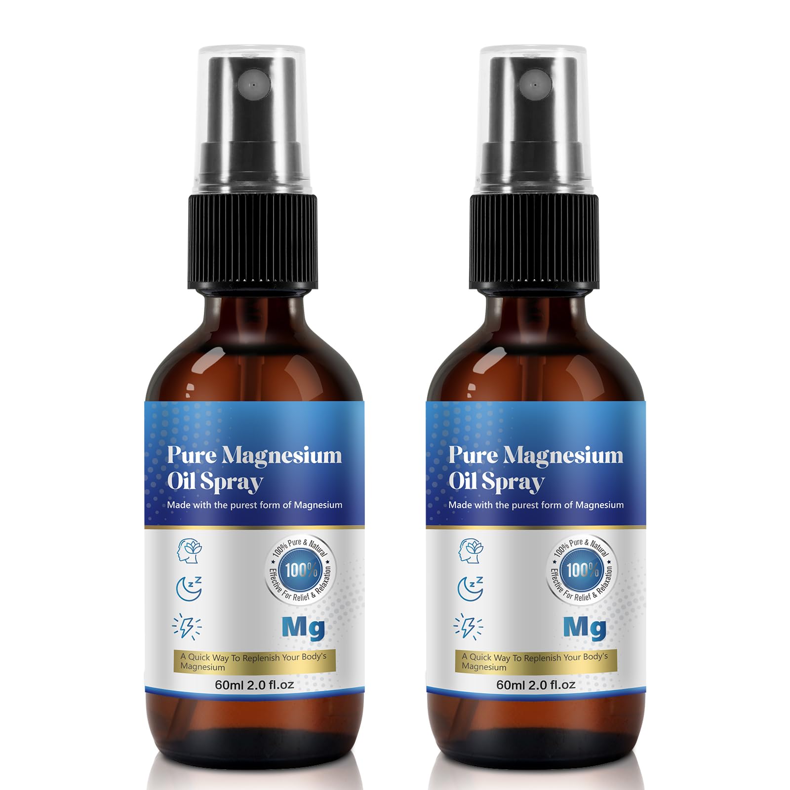 Magnesium Oil Spray 2 Pcs, Magnesium Oil for Feet, Pure and Natural Topical Magnesium Spray, Glass Bottle