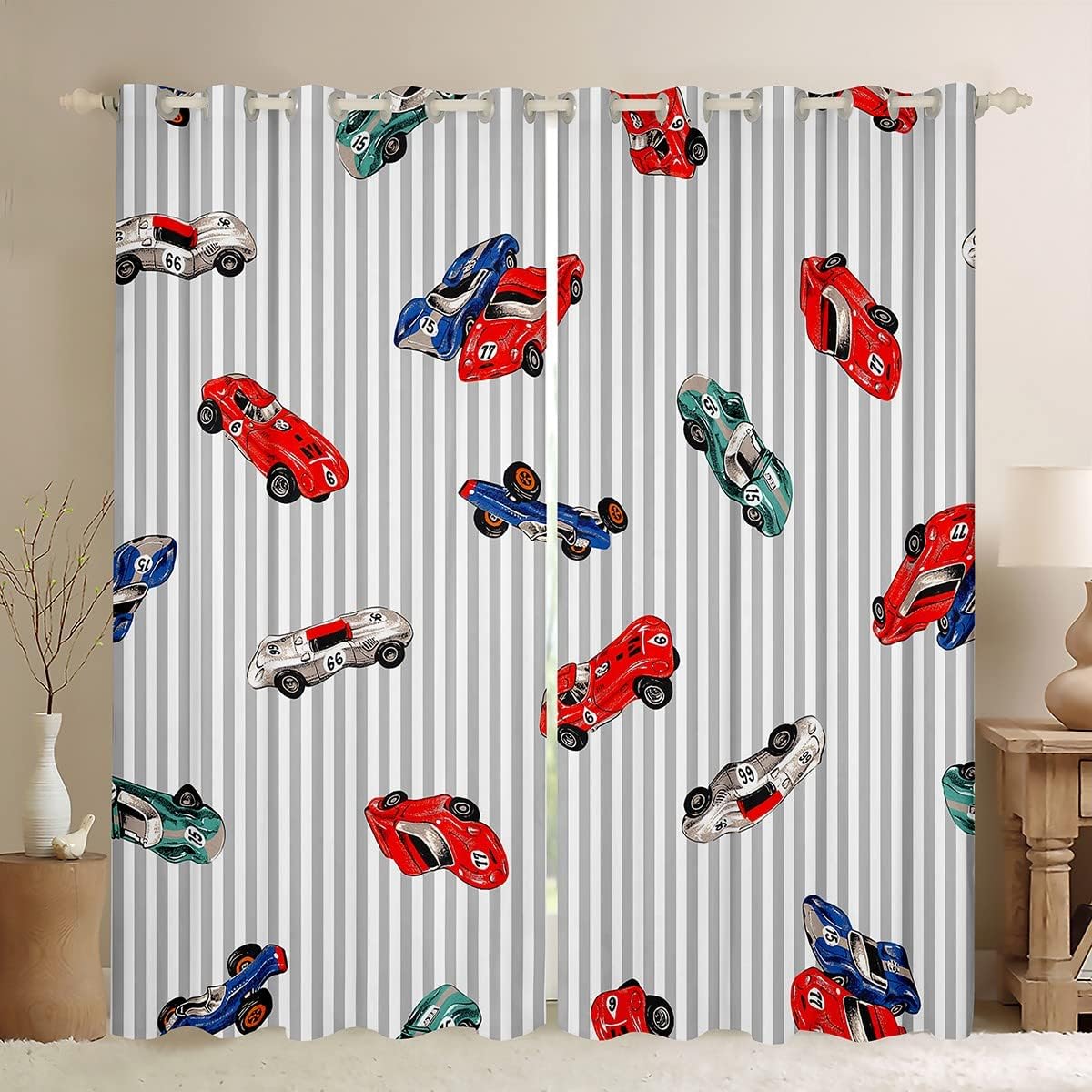 Feelyou Race car Curtains for Bedroom Speed Sports Car Thermal Insulated Window Drapes Racing Car Window Treatment White Grey Window Draperies for Kids Boys Girls 42"x63"