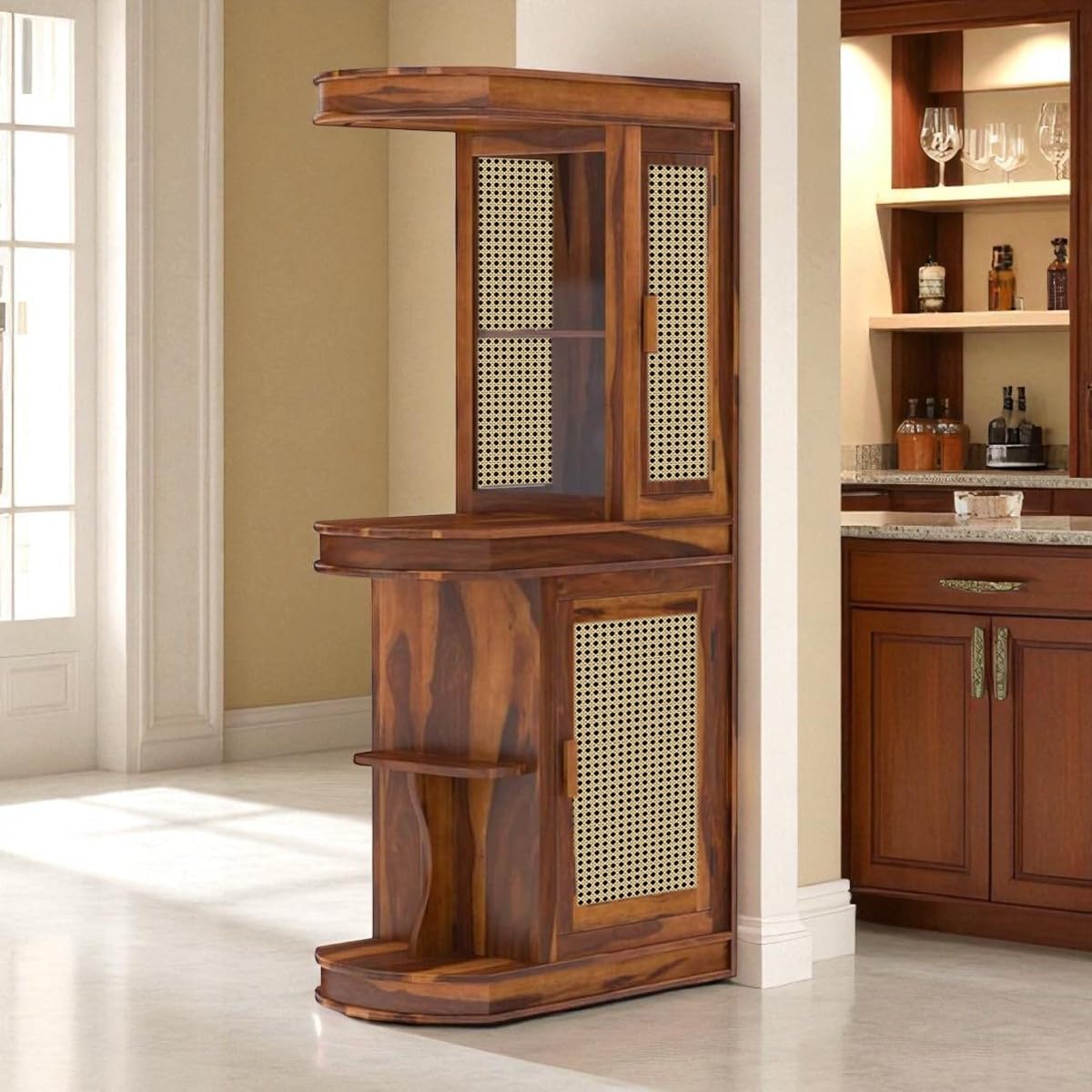 The Attic Jaigarh Bar Cabinet, Hard and Soft Drinks Bar Storage Cabinet, Wine Wisky Scotch, Round Bar for Home, Honey Finish