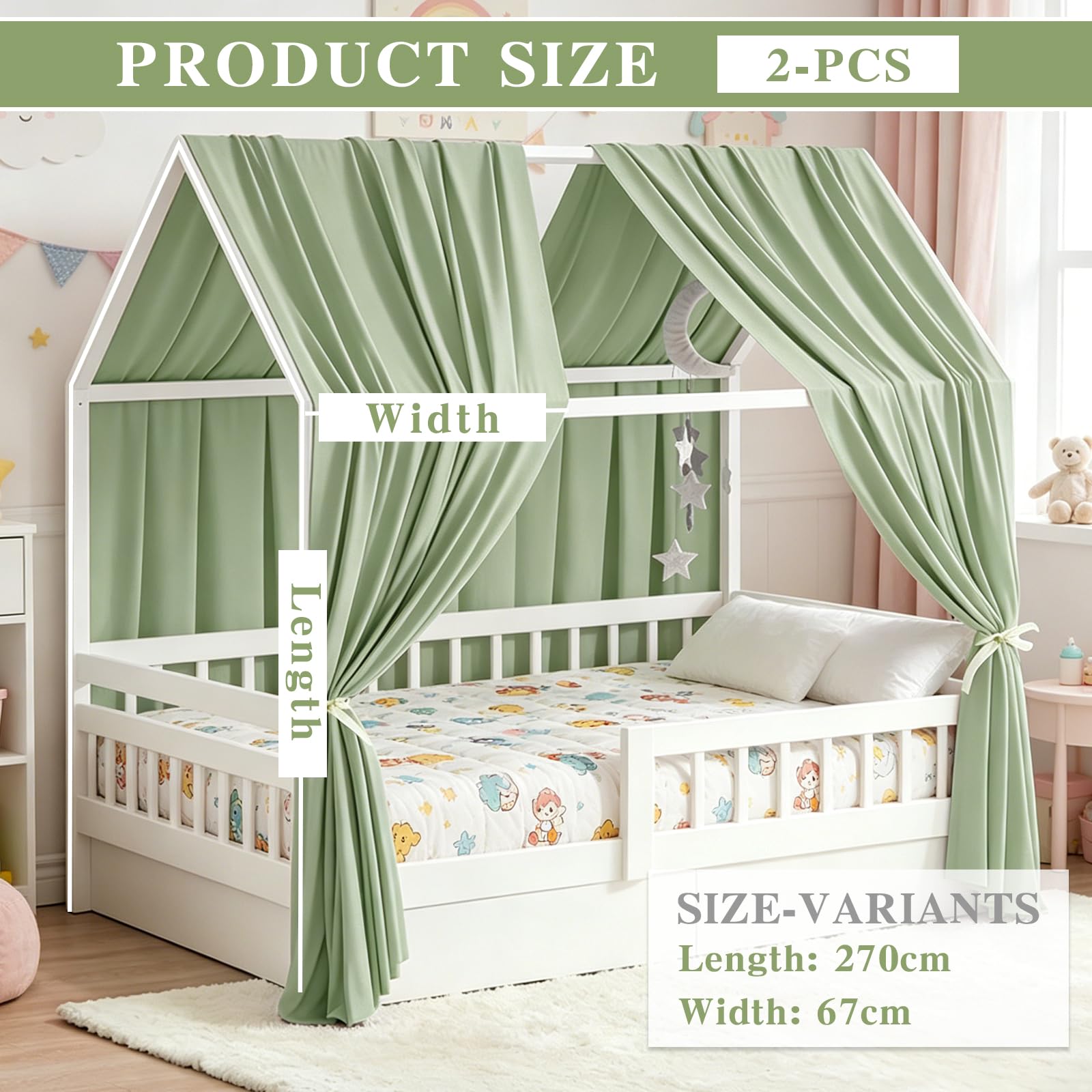 Bocguy Lot de 2 Ciel de lit cabane Mousseline, Ciel de lit pour lit en Forme de Maison, Filles et garçons, baldaquin pour lit d'enfant, décoration de Chambre d'enfant-270X67CM