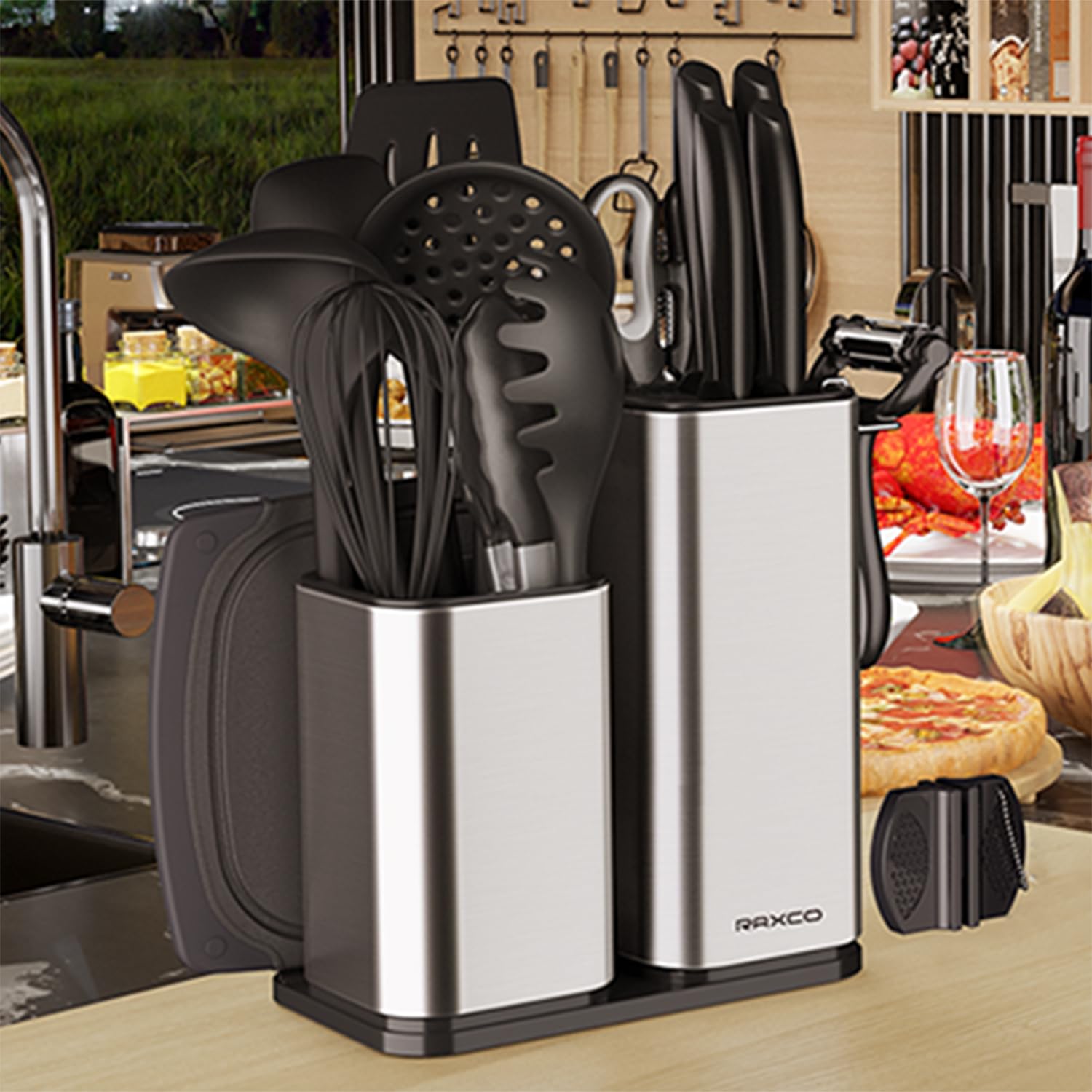 RAXCO Set di coltelli da cucina con blocco, 18 pezzi di utensili da cucina con 5 coltelli e 7 spatole in silicone