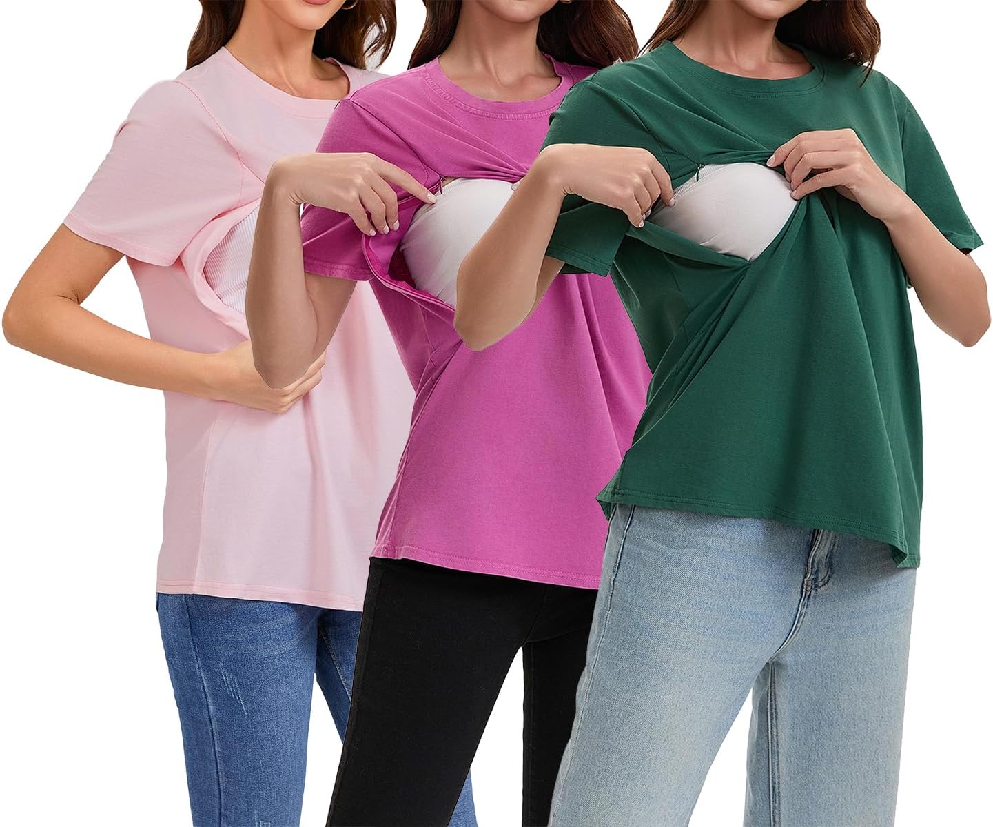 Women Maternity Tops 3 Packs Comfort Breastfeeding Nursing Friendly Zip Tshirt Pregnancy Clothes
