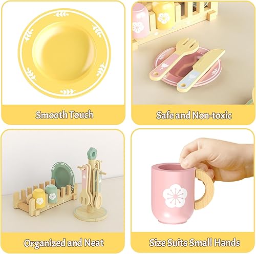 Miniatura 2 de Juego de cocina de 20 piezas con platos y platos de juguete de madera, juguetes de cocina Montessori para niñas y niños, accesorios de cocina de