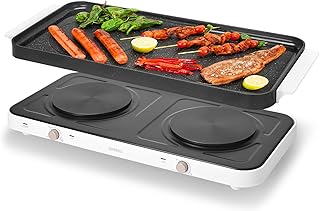 AEWHALE Countertop Double Burners with Removable Griddle Pan Non-stick,1800W Electric Hot Plate Adjustable Temperature