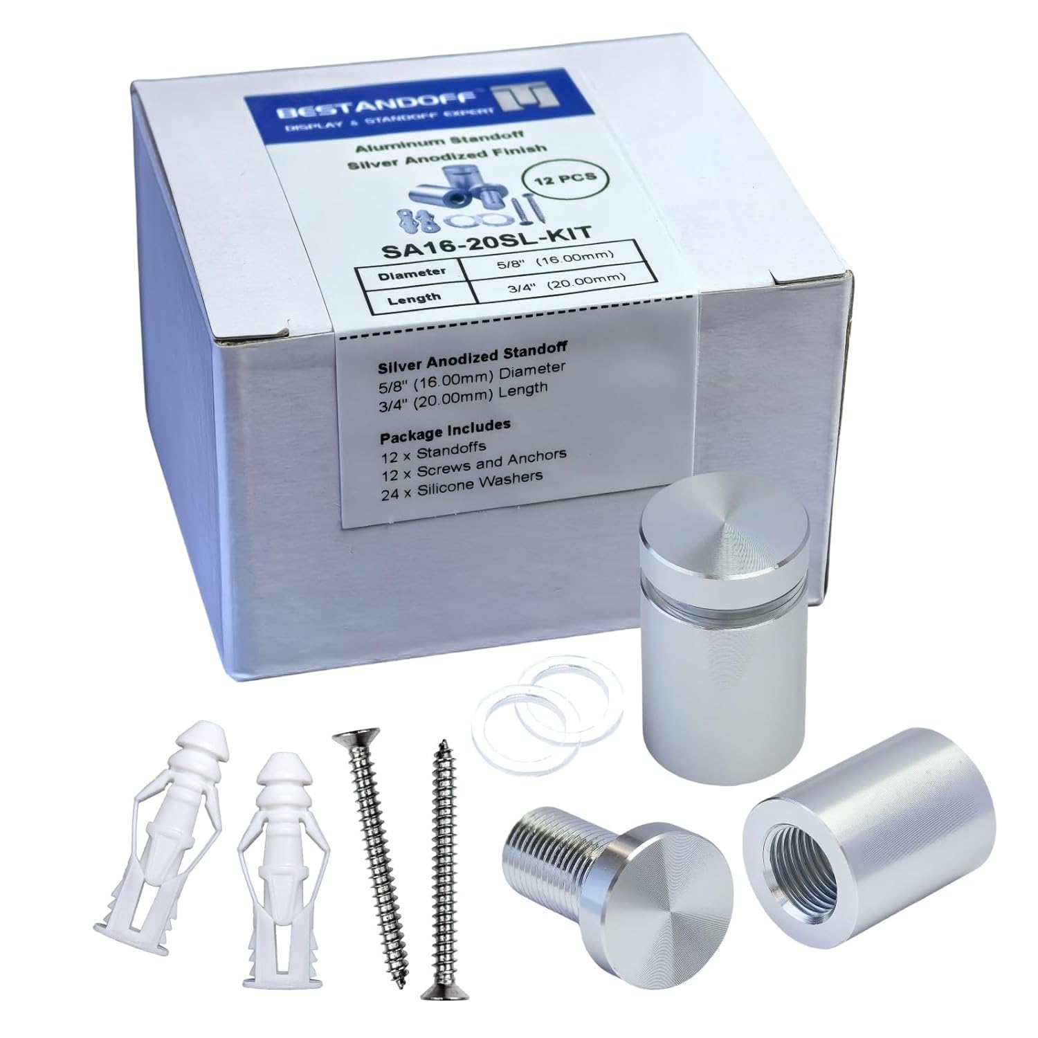 Pack of 12, Aluminum Standoff Screws, Wall Sign Standoff Mounting Hardware Advertising Glass Standoff Nail for Hanging Acrylic Picture Frame (12, Silver, 5/8" x 3/4")