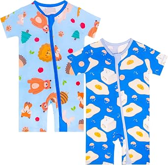 GUISBY Baby Romper 2-Pack, Soft Zipper Romper, Short Sleeve Footless Pajamas, Breathable Summer Infant Clothes 018 Months