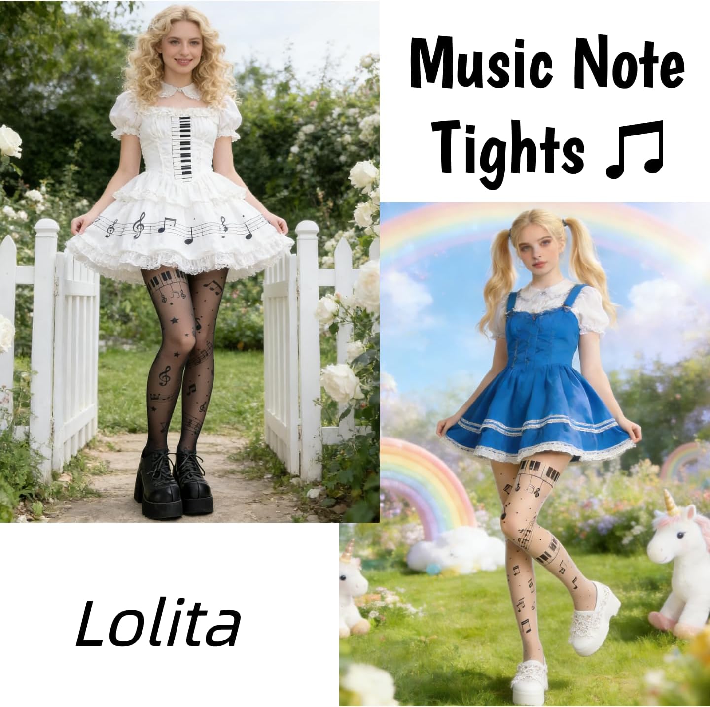 2Pcs Funky Music Note Sheer Tights - Whimsical Piano Key & Musical Print Pantyhose, Stretchy Y2K Aesthetic Stockings for Concerts, Parties & Daily Wear