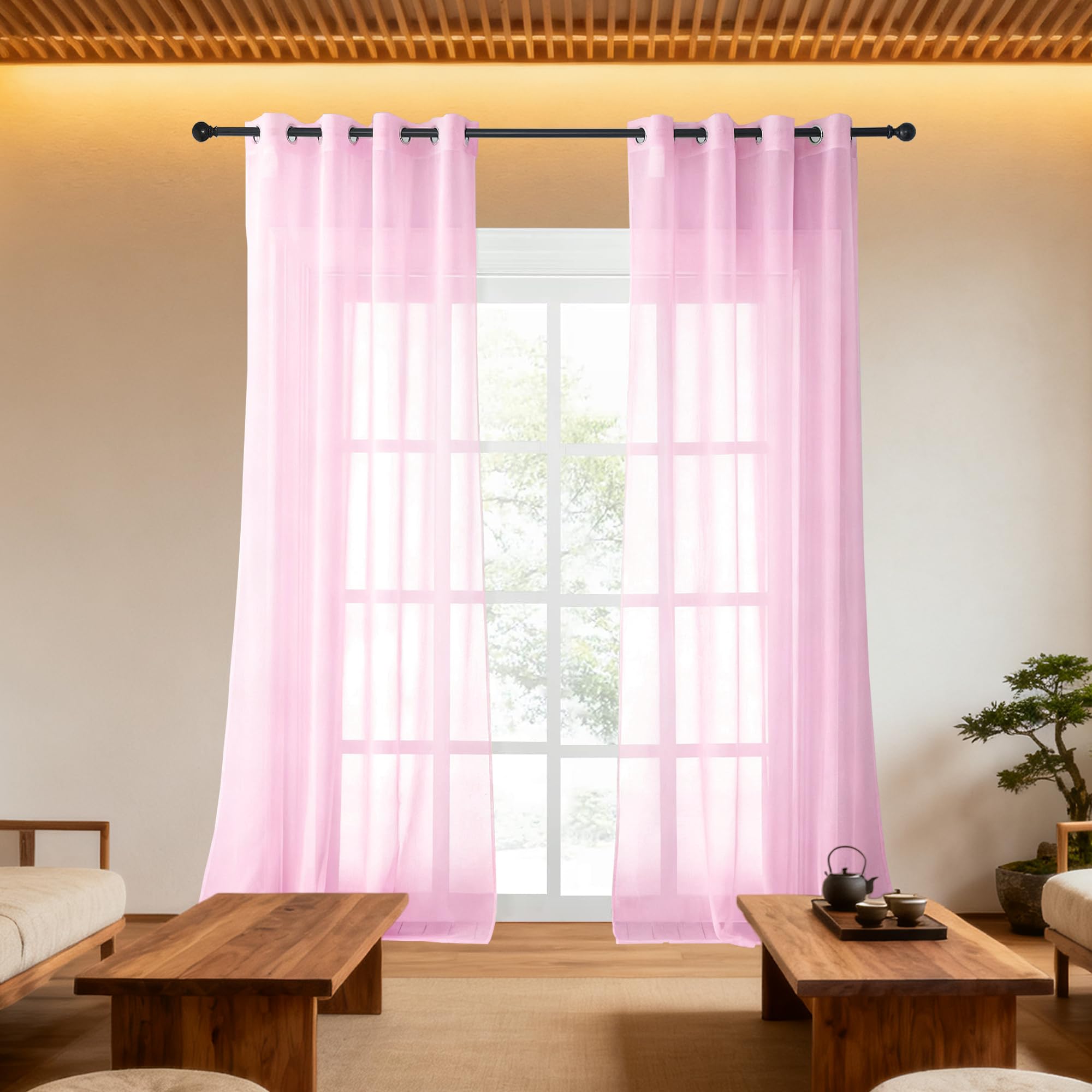 Voilage rose transparent 300x170 cm idéal contre les regards du salon