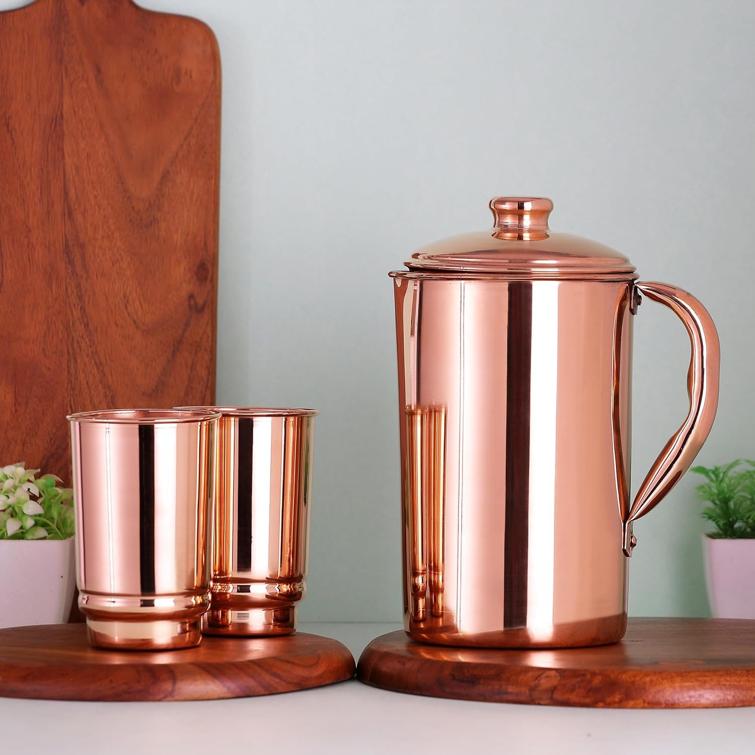 Universal Hub koperen kan Indische kan voor water Drinkkan met deksel Waterkan zuiver koper Ayurveda serveerkan 1,7 liter pure koperen mok Indian Cup decoratief servies set koperen container