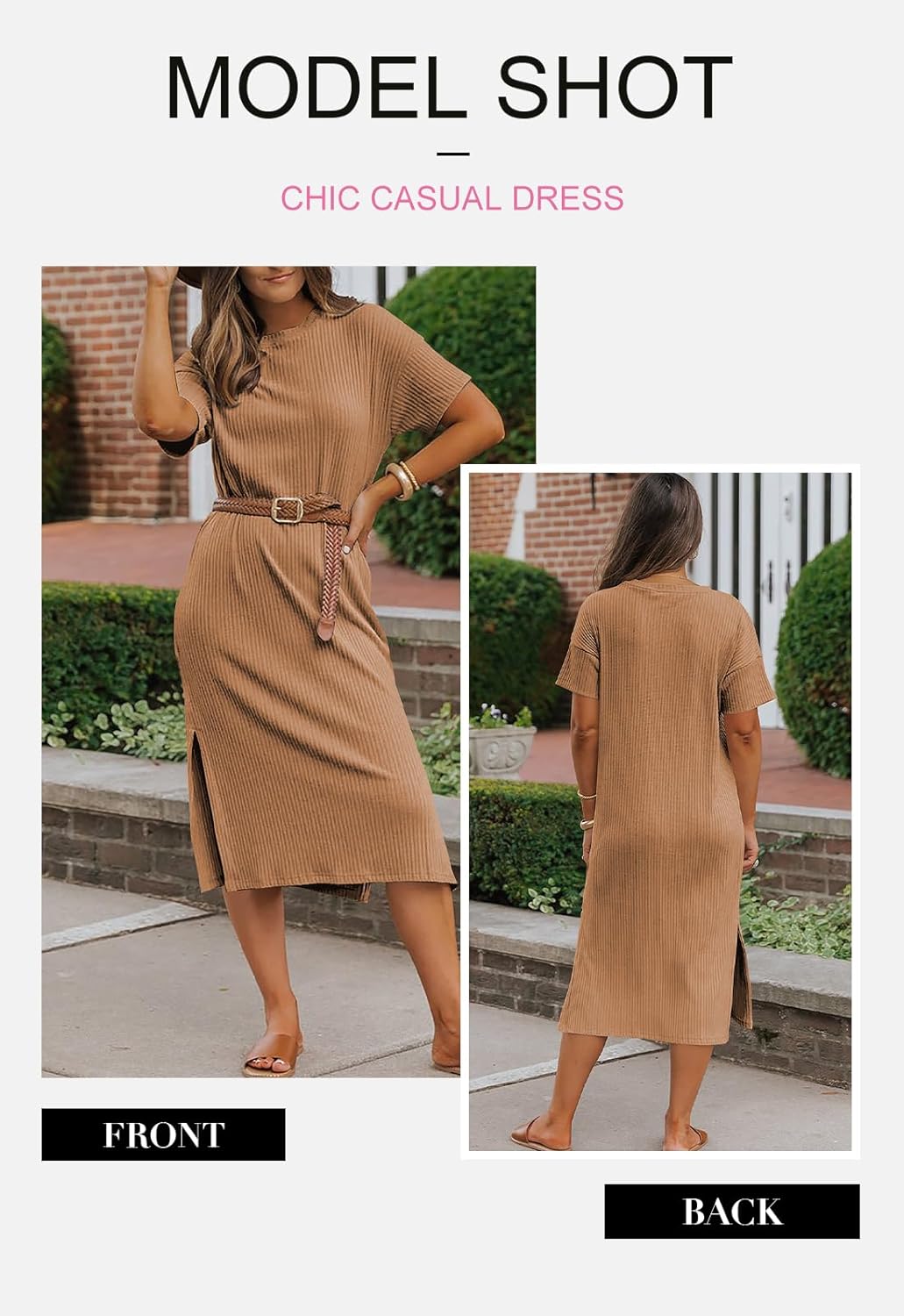 BLENCOT Womens Casual Summer Round Neck Midi Long Dress Short Sleeve Simple Side Split Solid Color Texture Beach Dress - Image 4