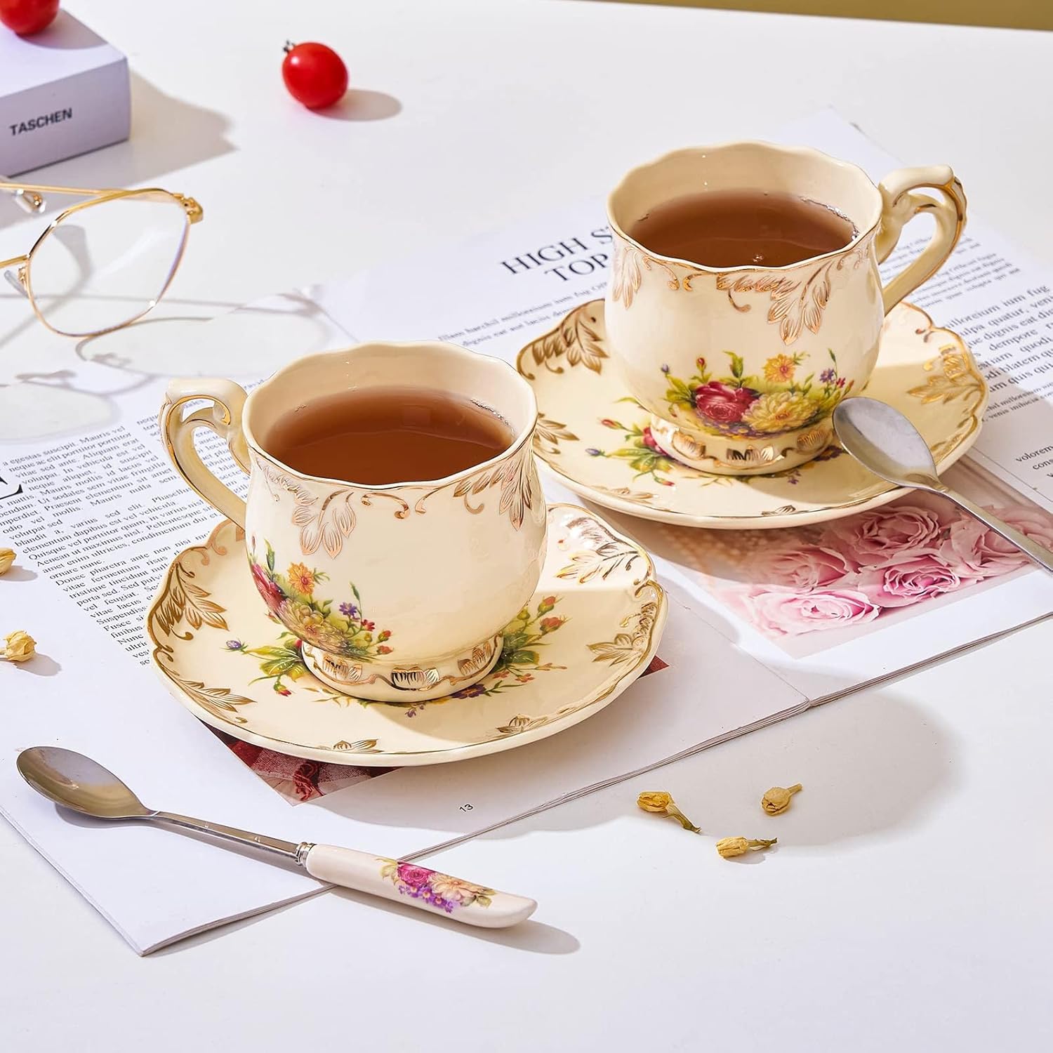 Tea Cups and Saucers Set of 4, 8 Oz Ivory Floral Porcelain Teacup and Saucer Set with Gold Trim, Vintage Tea Cups with Spoon, European Style (Colorful Floral)