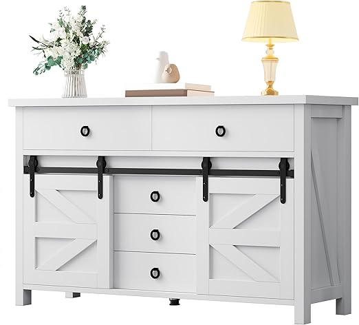 YITAHOME DWVO 54" Farmhouse Dresser for Bedroom, Large Modern Chest of Drawers, Wood Rustic Dresser TV Stand with 5 Drawers & 2 Sliding Barn Doors for Living Dining Room, Entryway, Hallway, White