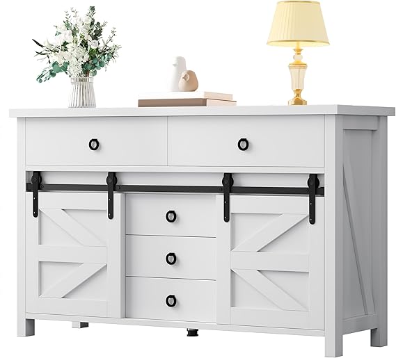 YITAHOME DWVO 54" Farmhouse Dresser for Bedroom, Large Modern Chest of Drawers, Wood Rustic Dresser TV Stand with 5 Drawers & 2 Sliding Barn Doors for Living Dining Room, Entryway, Hallway, White