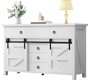 DWVO 54" Farmhouse Dresser for Room, Large Modern Chest of Drawers, Wood Rustic Dresser TV Stand with 5 Drawers & 2 Sliding Barn Doors for Living Dining Room, Entryway, Hallway, White