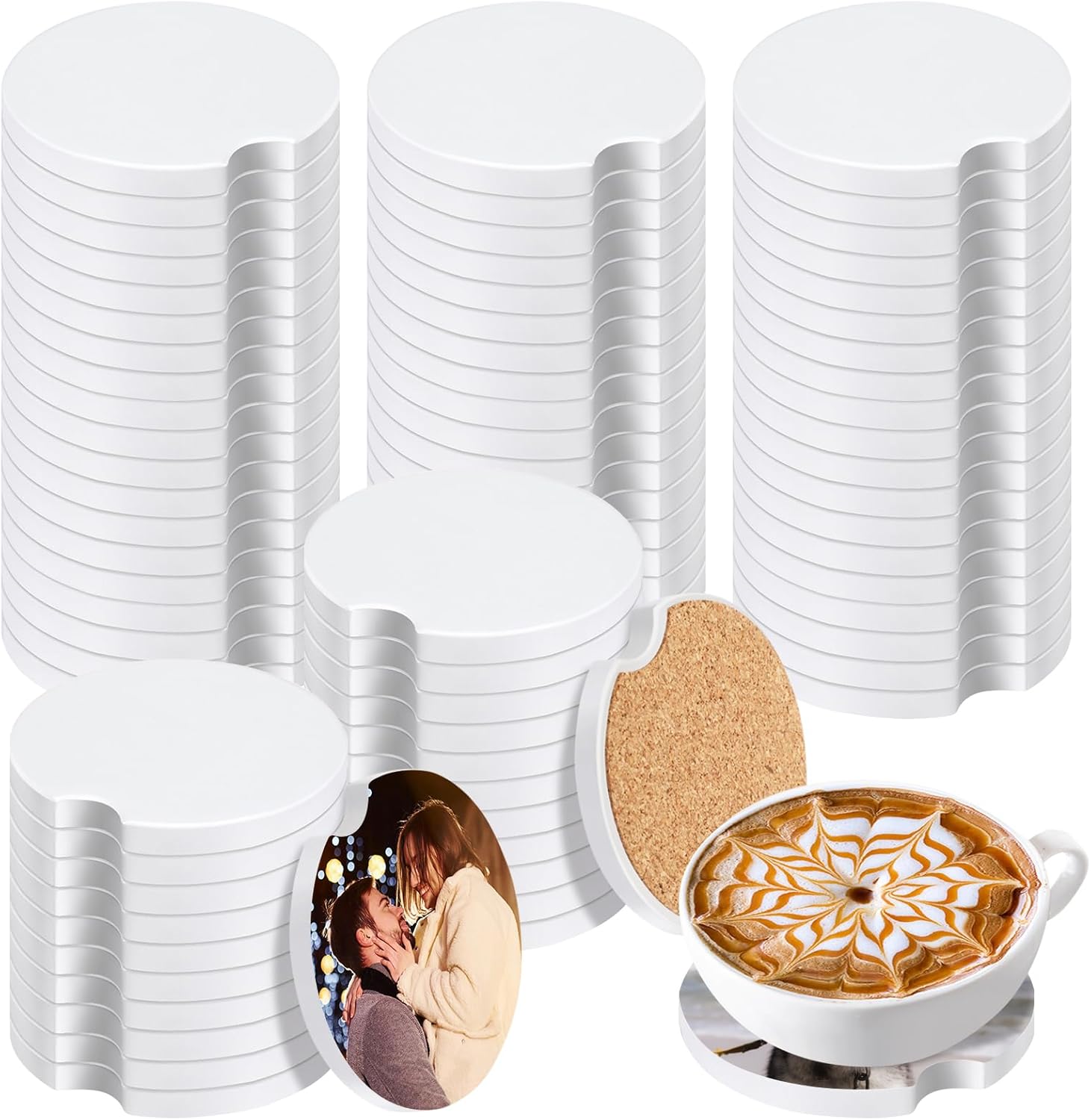 80 Pcs Sublimation Coasters Blanks Ceramic Car Coasters Sublimation Blanks Bulk DIY Personalized Ceramic Coasters Blanks 2.6'' Round Car Cup Coasters with Cork Back for Crafts