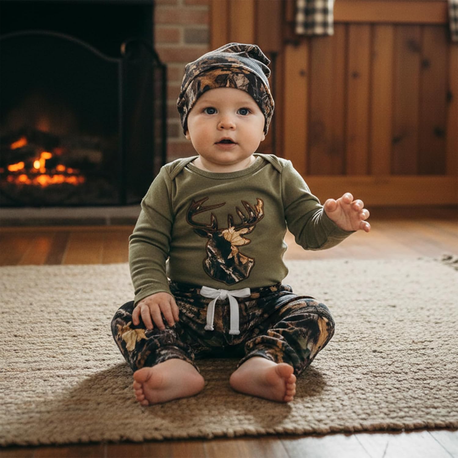 Newborn Baby Boy Hunting Outfit Deer Mallard Duck Romper Jungle Camo Pants Set Hat 3 Piece Fall Winter Clothes