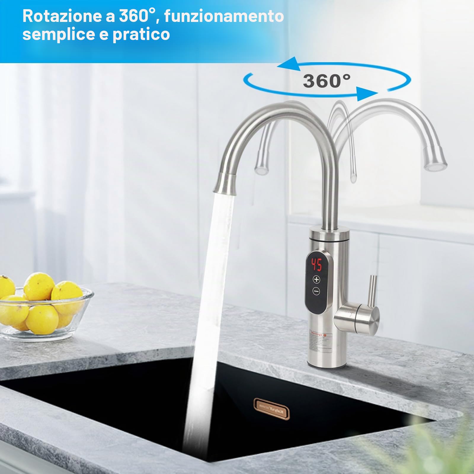 Rubinetto elettrico con scaldabagno istantaneo,CEIEVER rubinetto di riscaldamento elettrico temperatura regolabile 30-55℃ Raccordi elettrici 230V rubinetto elettrico in acciaio inox per cucina