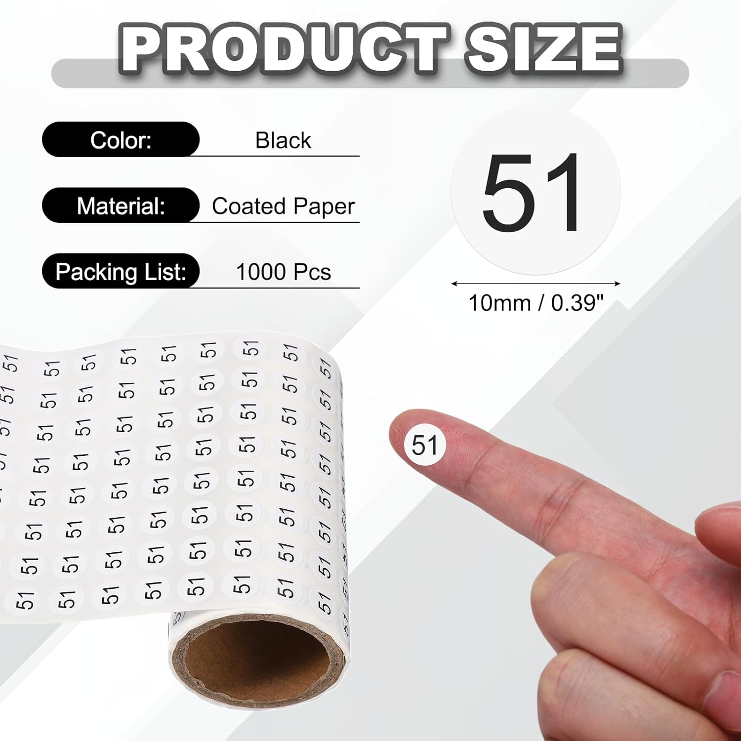 PATIKIL 1000pcs 0.4" Number Stickers, Mini Number 51 Sticker Numbers Labels Round Small Vinyl Self Adhesive Label Circle Decals 1 Roll Dots for Photo Album Poster Organize Inventory, Black